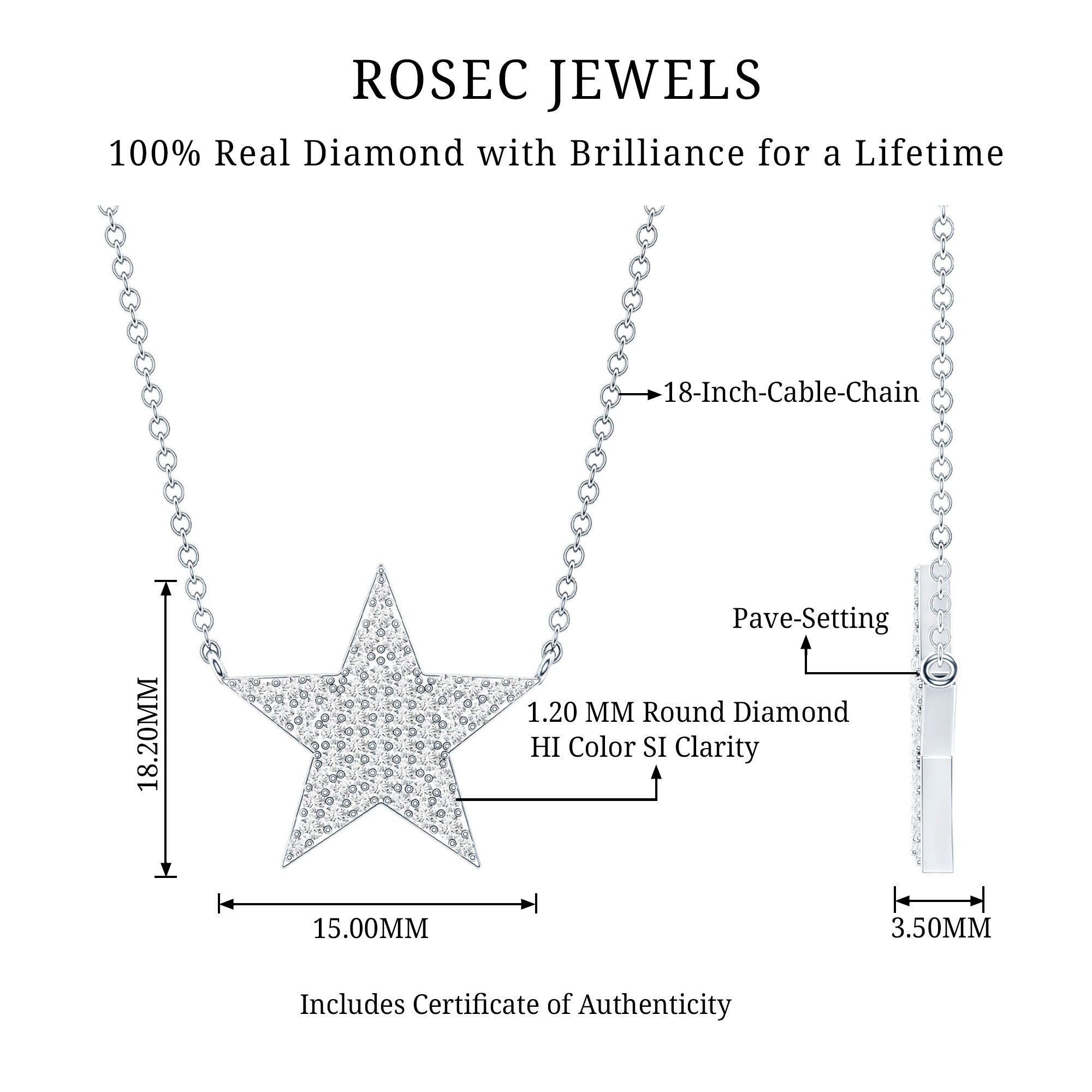 Diamond Star Pendant Necklace in Pave Setting Natural - ( HI-SI ) - Rosec Jewels