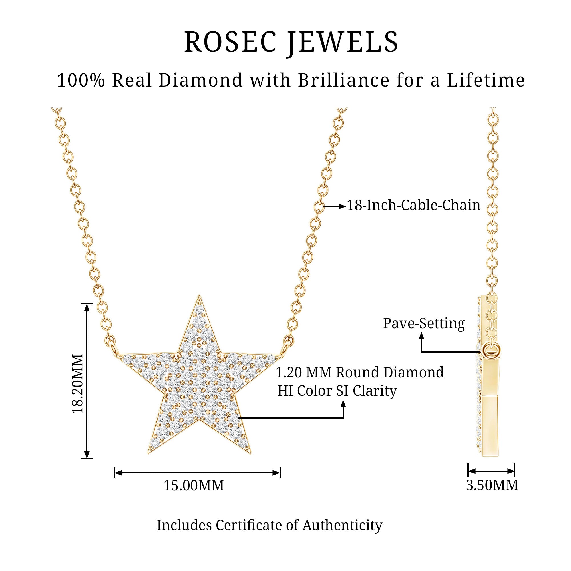 Diamond Star Pendant Necklace in Pave Setting Natural - ( HI-SI ) - Rosec Jewels