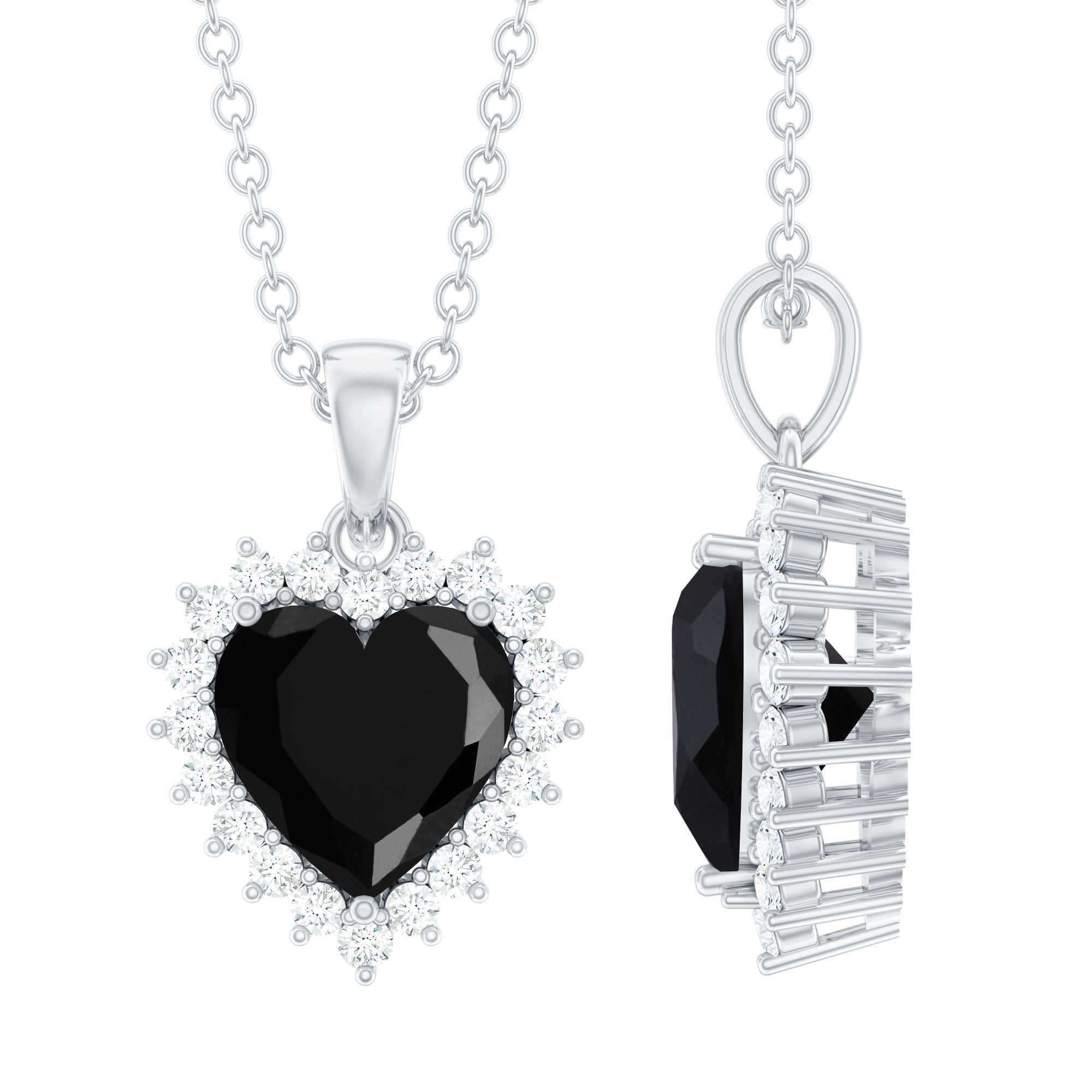 Natural Black Spinel Heart Shape Necklace with Moissanite Halo AAA - Rosec Jewels