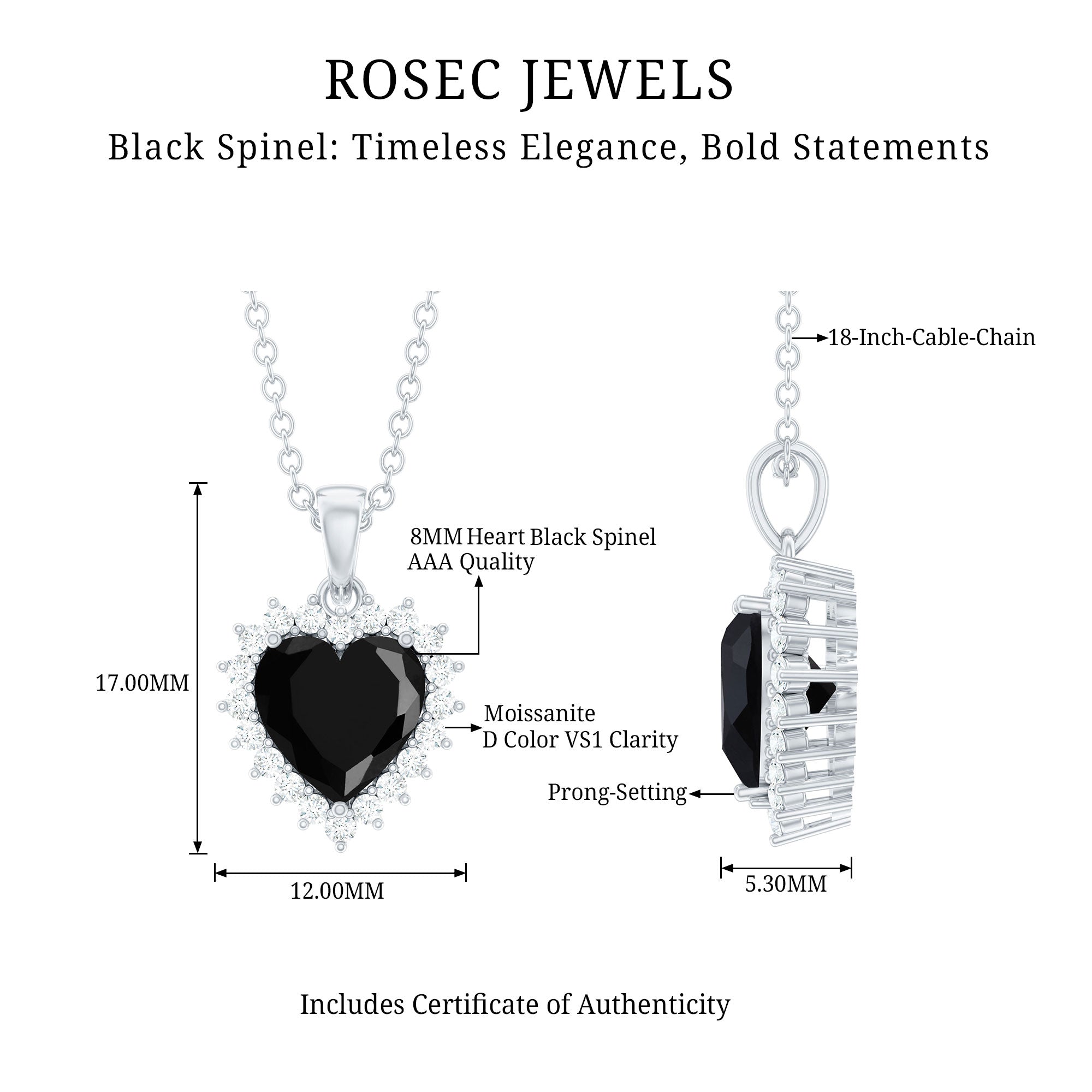 Natural Black Spinel Heart Shape Necklace with Moissanite Halo AAA - Rosec Jewels