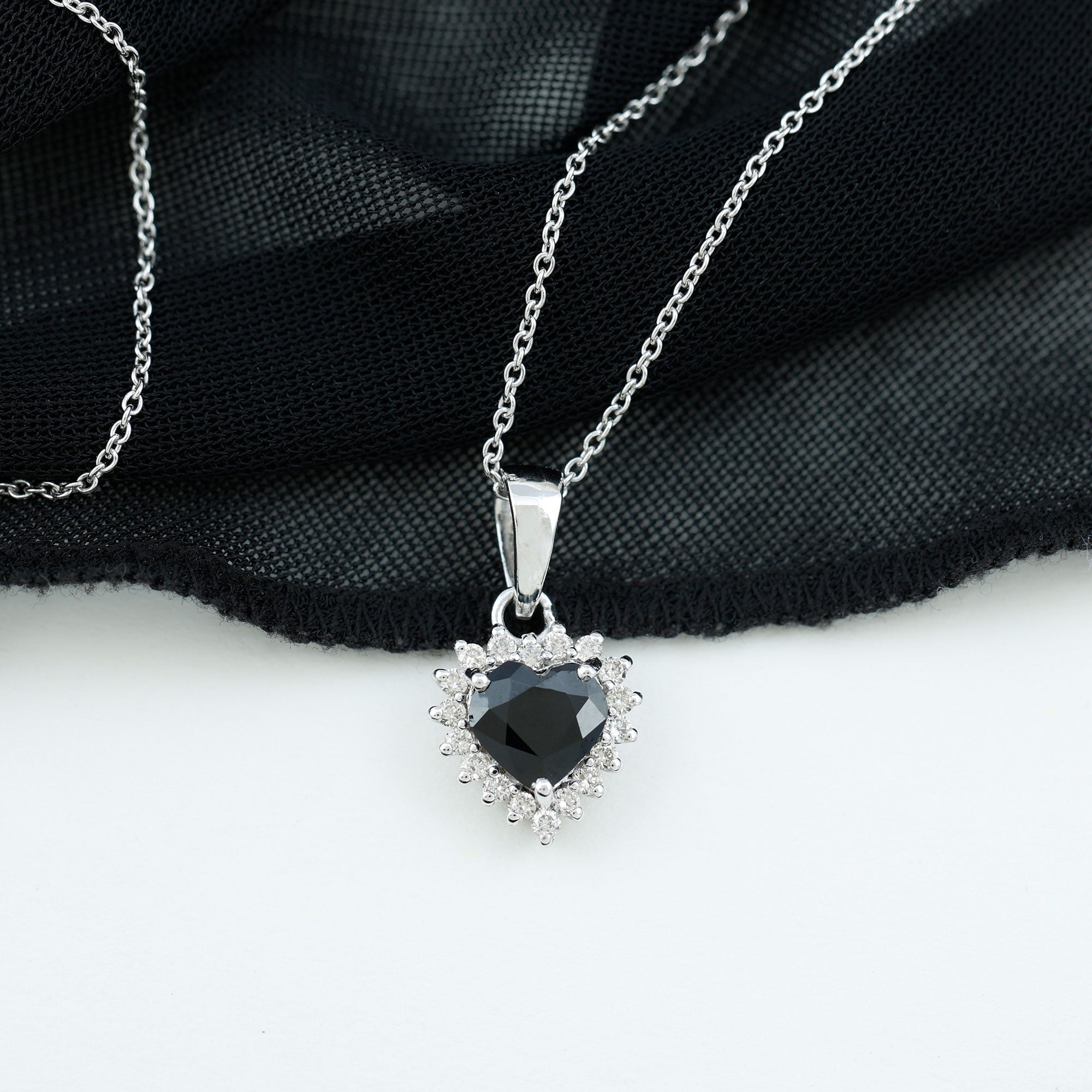 Natural Black Spinel Heart Shape Necklace with Moissanite Halo AAA - Rosec Jewels
