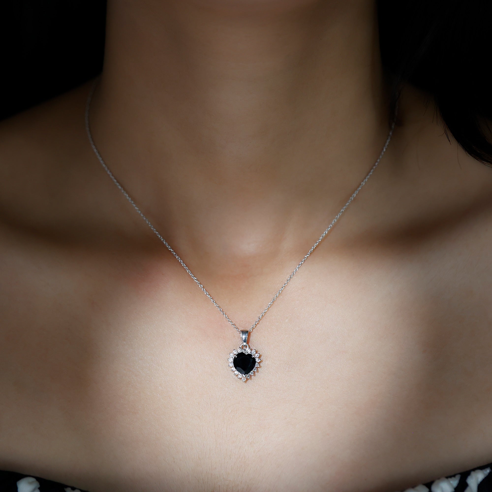 Natural Black Spinel Heart Shape Necklace with Moissanite Halo AAA - Rosec Jewels