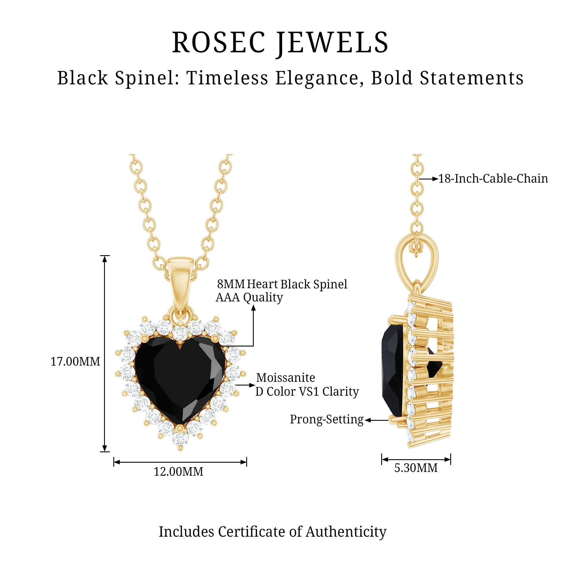 Natural Black Spinel Heart Shape Necklace with Moissanite Halo AAA - Rosec Jewels