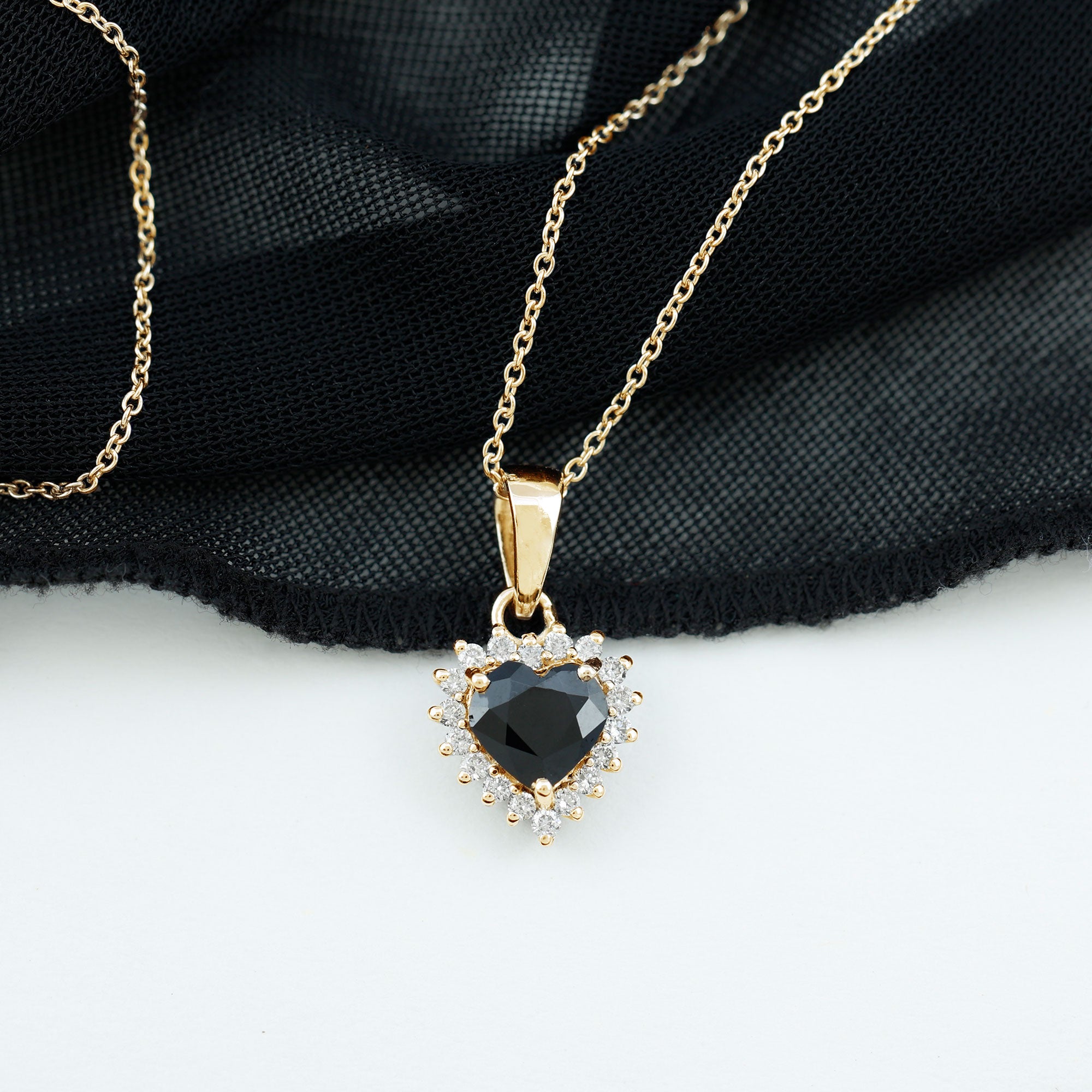 Natural Black Spinel Heart Shape Necklace with Moissanite Halo AAA - Rosec Jewels