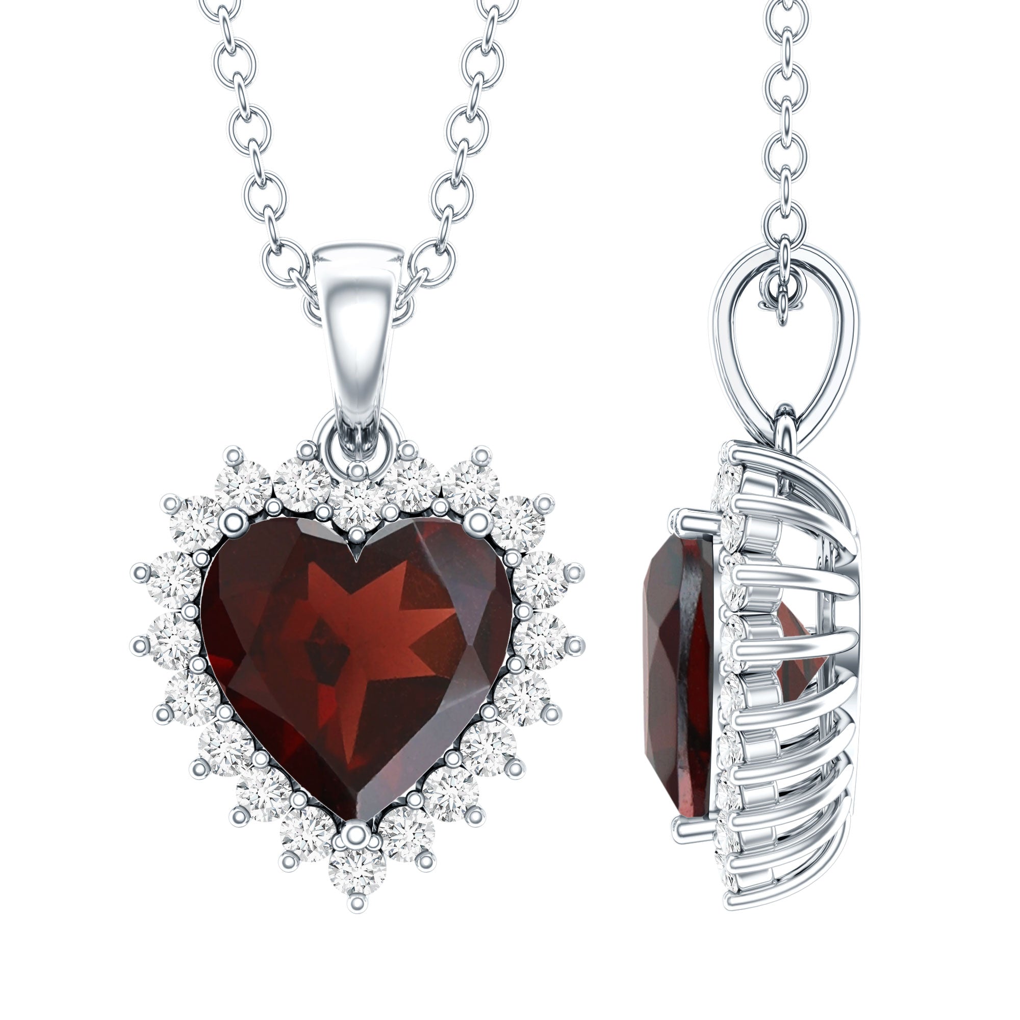 Garnet Heart Pendant Necklace with Moissanite Halo