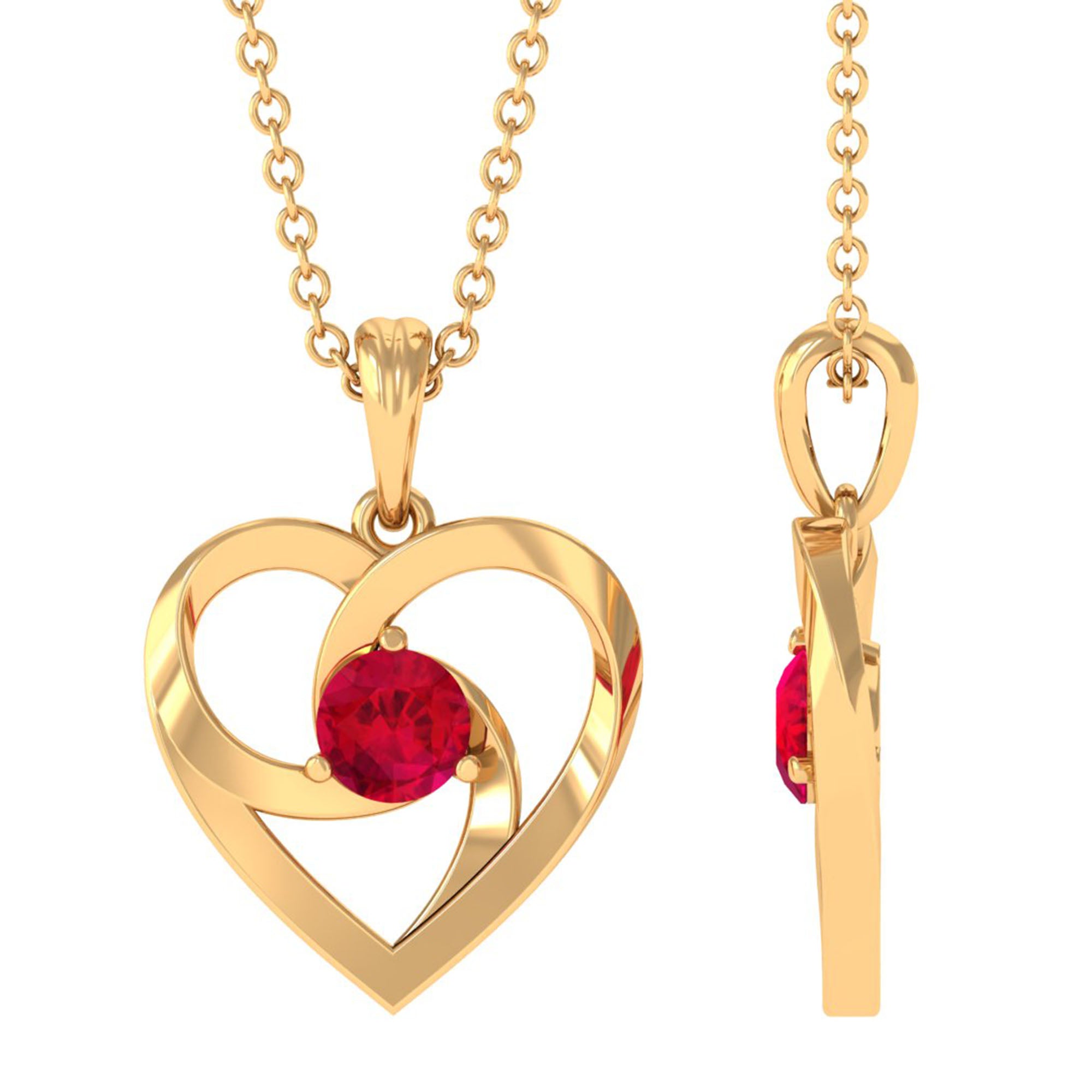 1/4 CT Round Created Ruby Gold Heart Pendant Necklace Lab Created Ruby - ( AAAA ) - Quality - Rosec Jewels