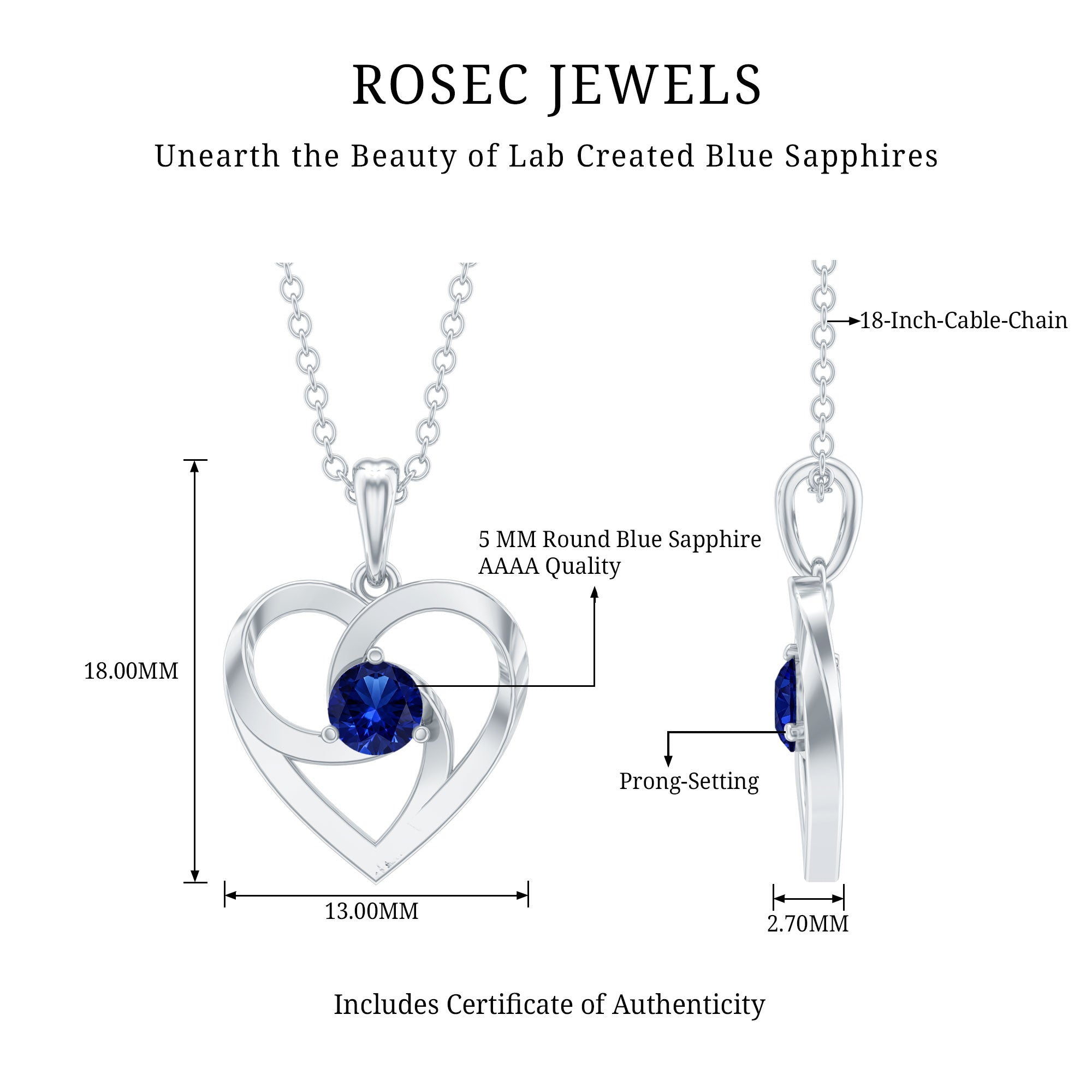 Lab Grown Blue Sapphire Heart Necklace with Certificate AAAA - Rosec Jewels