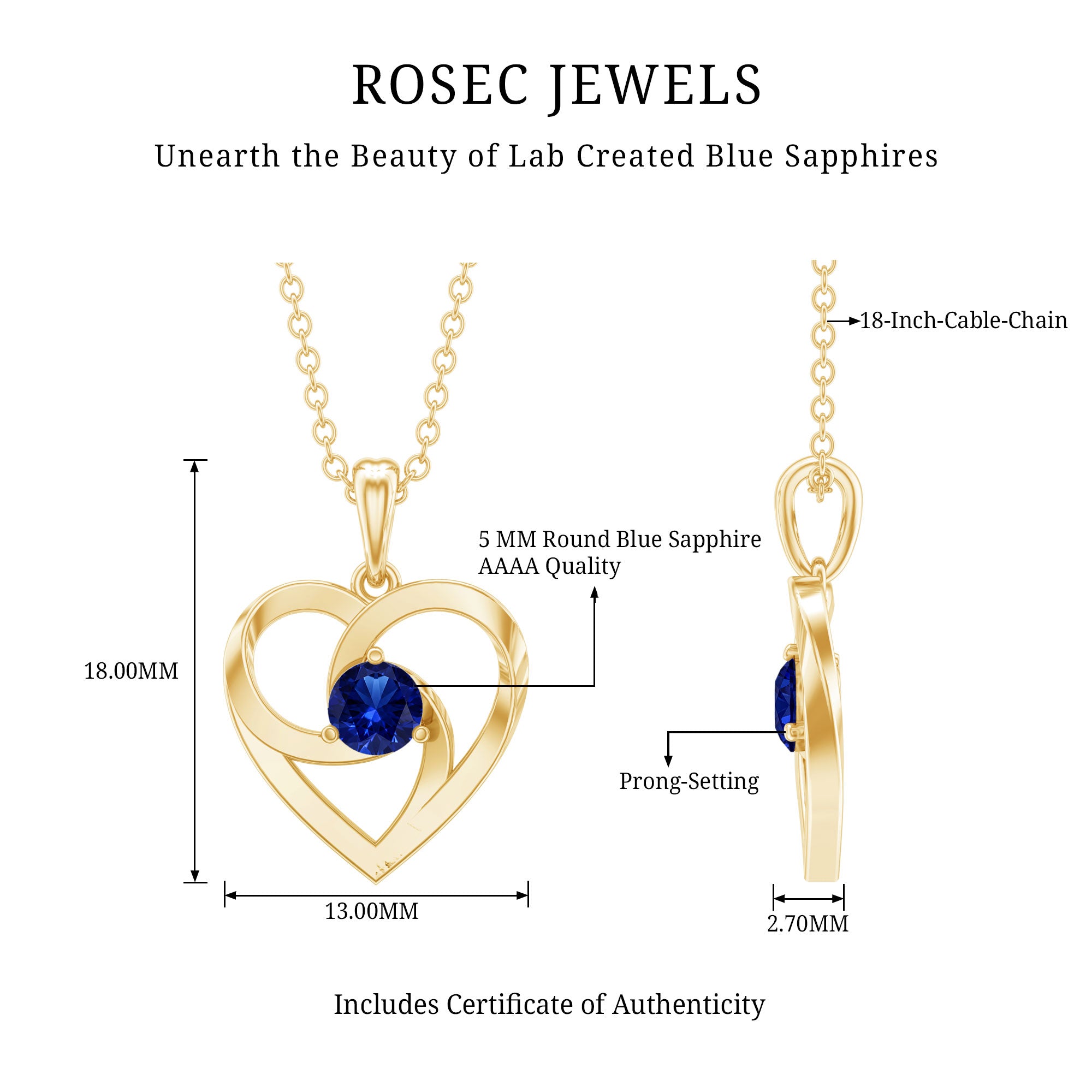 Lab Grown Blue Sapphire Heart Necklace with Certificate AAAA - Rosec Jewels