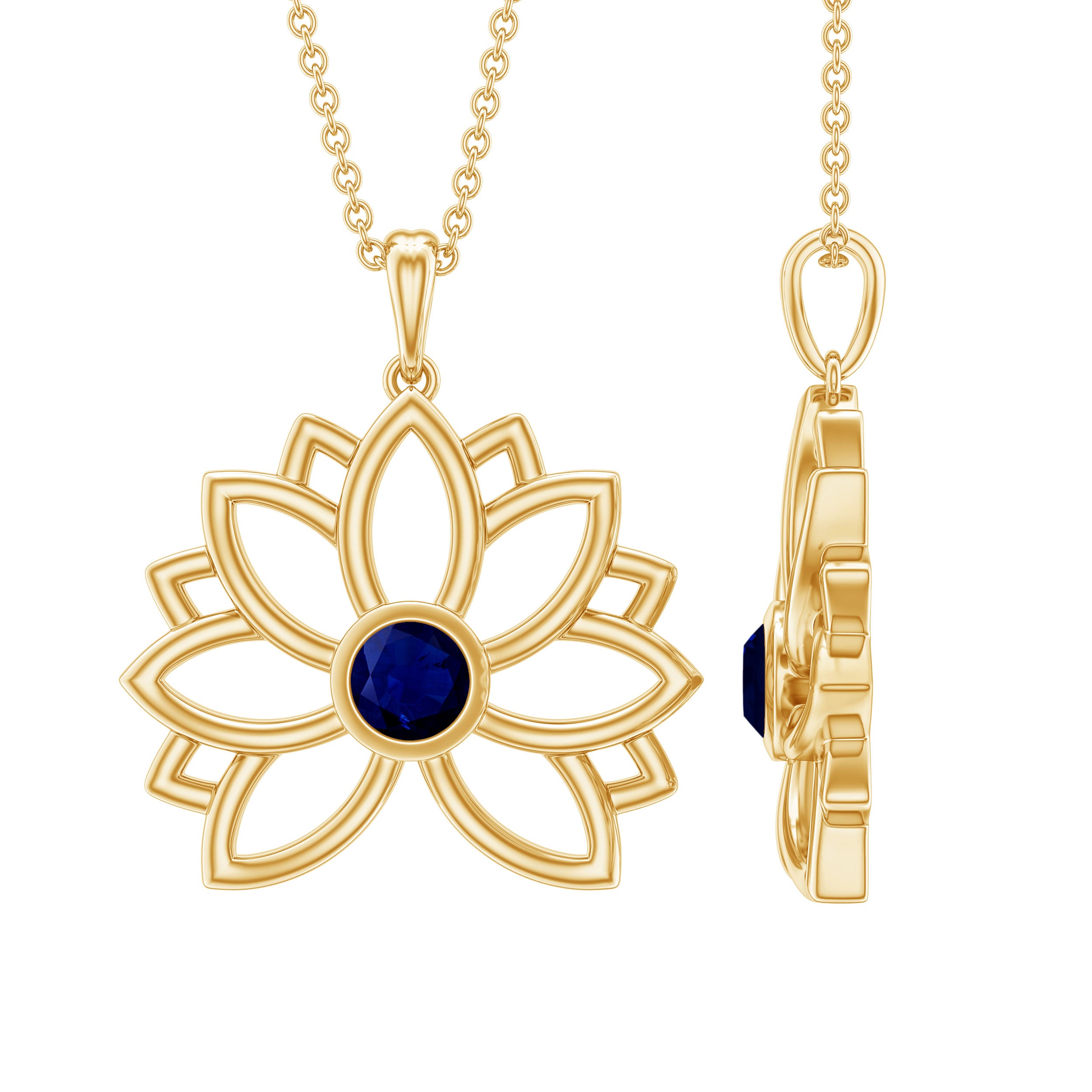 Real Blue Sapphire Lotus Flower Necklace with Chain AAA - Rosec Jewels