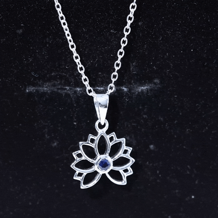 Lab Grown Blue Sapphire Lotus Flower Necklace With Chain AAAA - Rosec Jewels