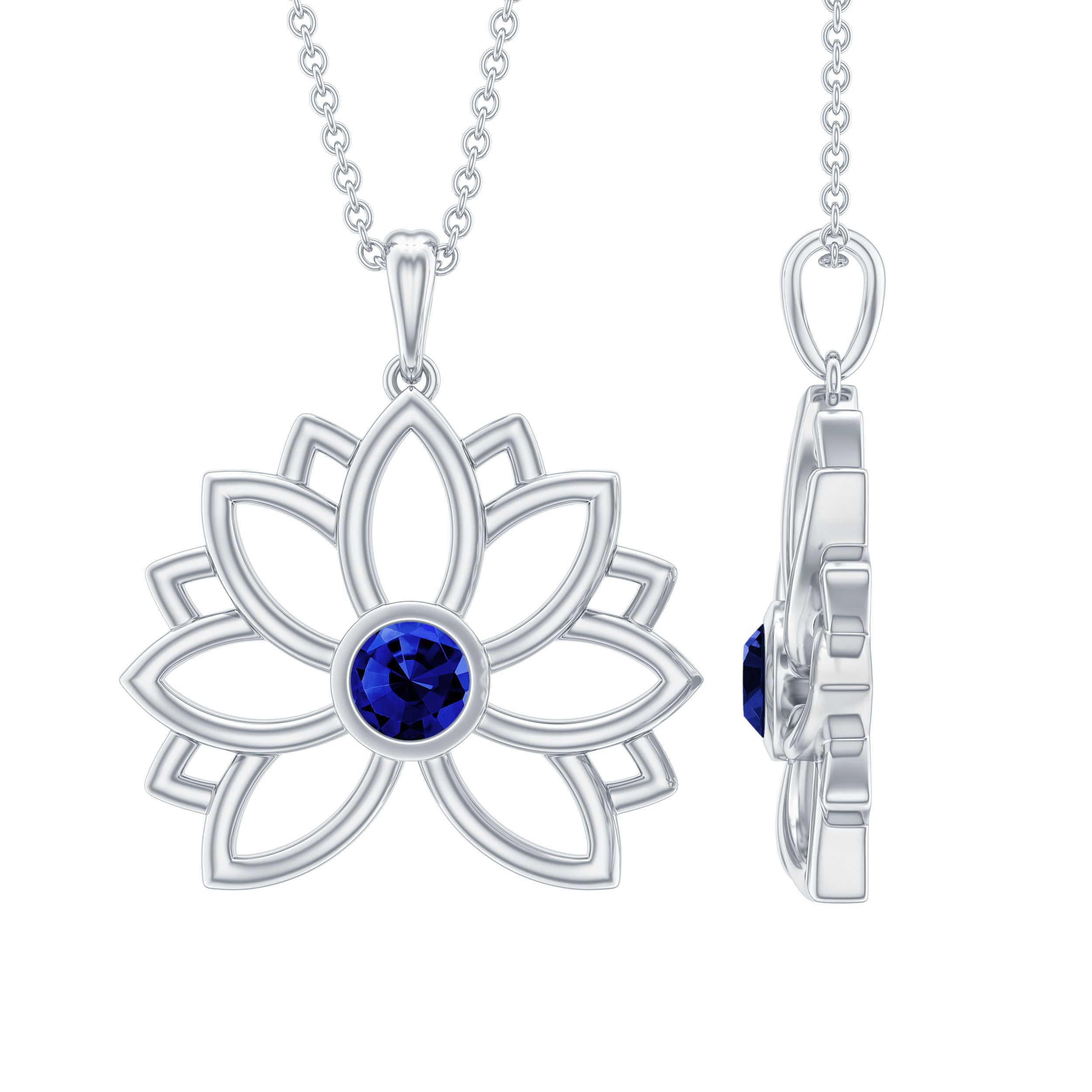 Lab Grown Blue Sapphire Lotus Flower Necklace With Chain