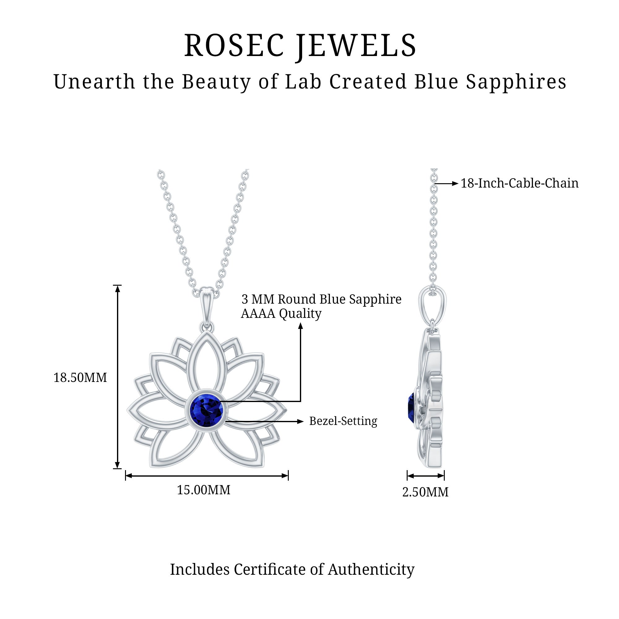 Lab Grown Blue Sapphire Lotus Flower Necklace With Chain AAAA - Rosec Jewels