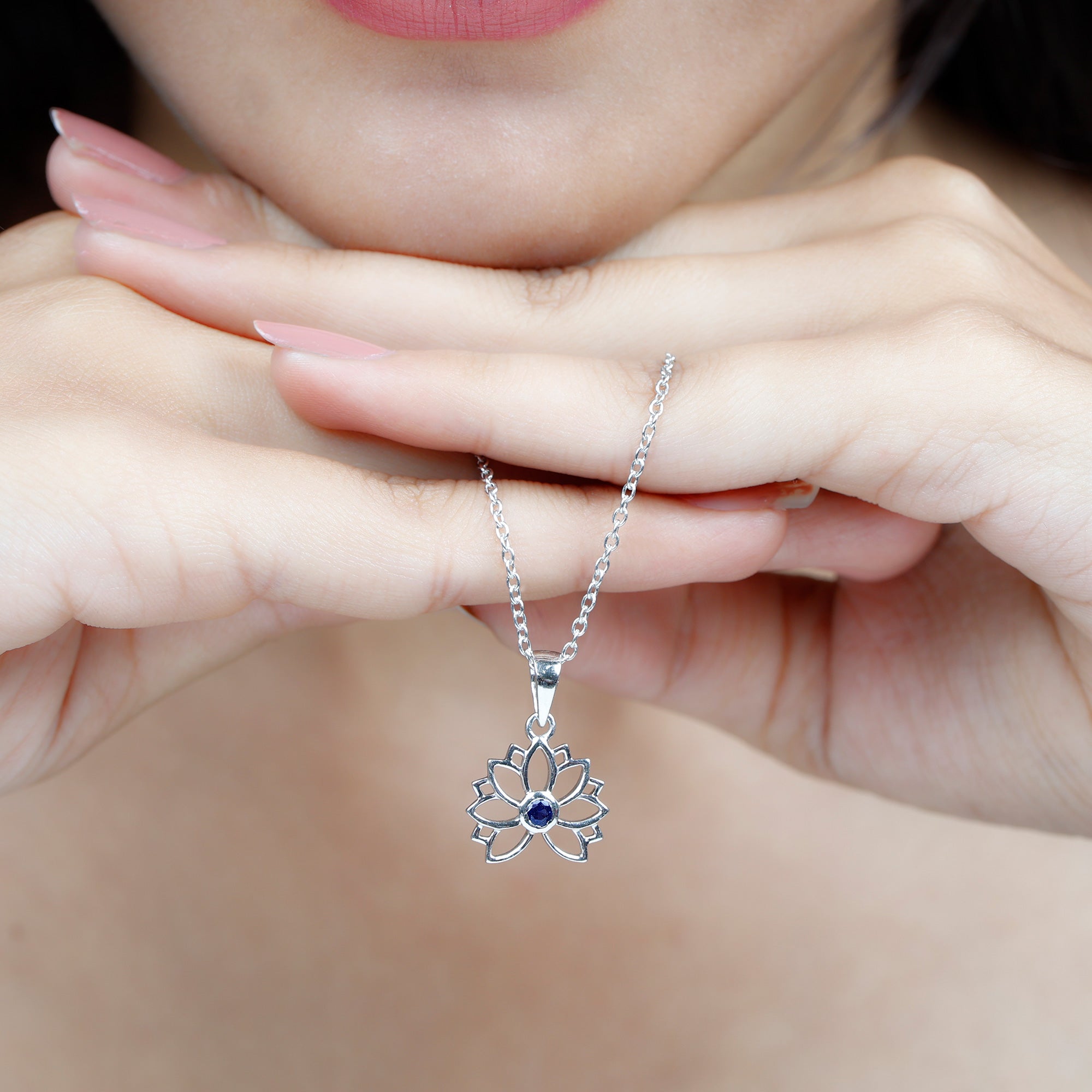 Lab Grown Blue Sapphire Lotus Flower Necklace With Chain AAAA - Rosec Jewels