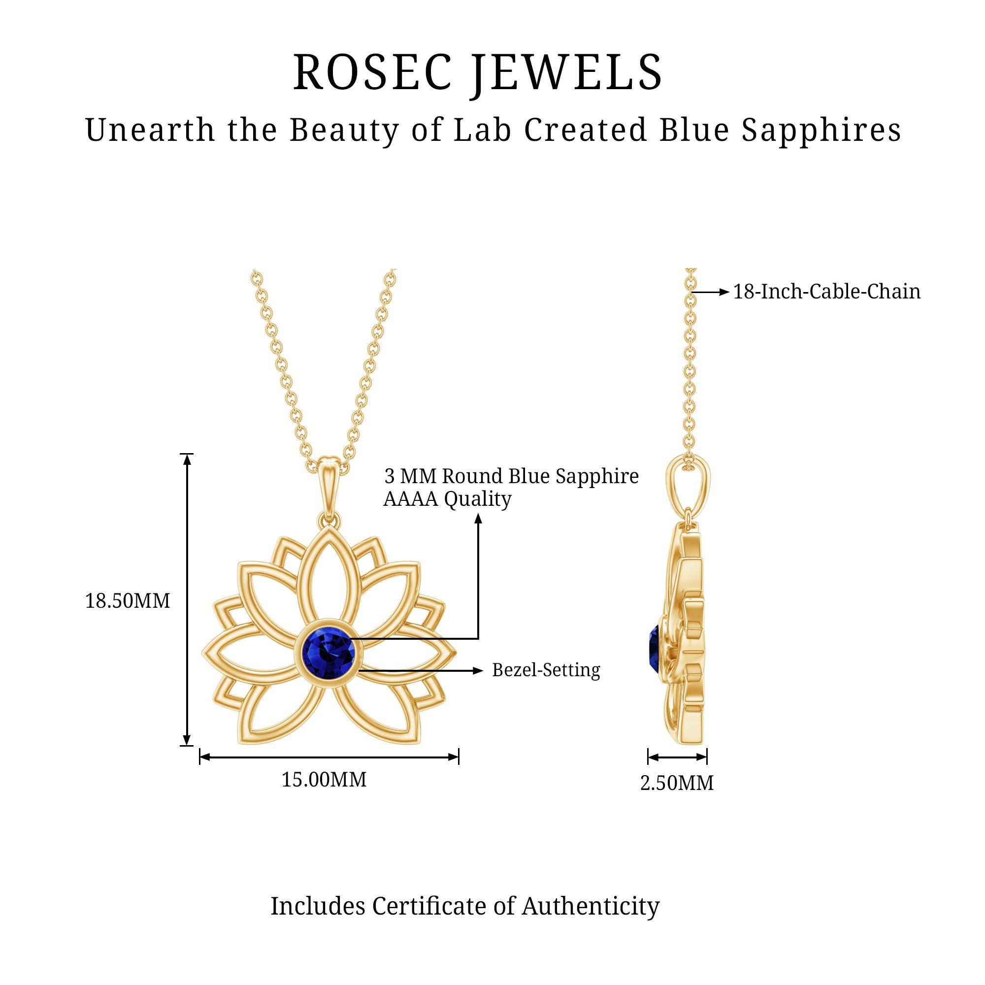 Lab Grown Blue Sapphire Lotus Flower Necklace With Chain AAAA - Rosec Jewels
