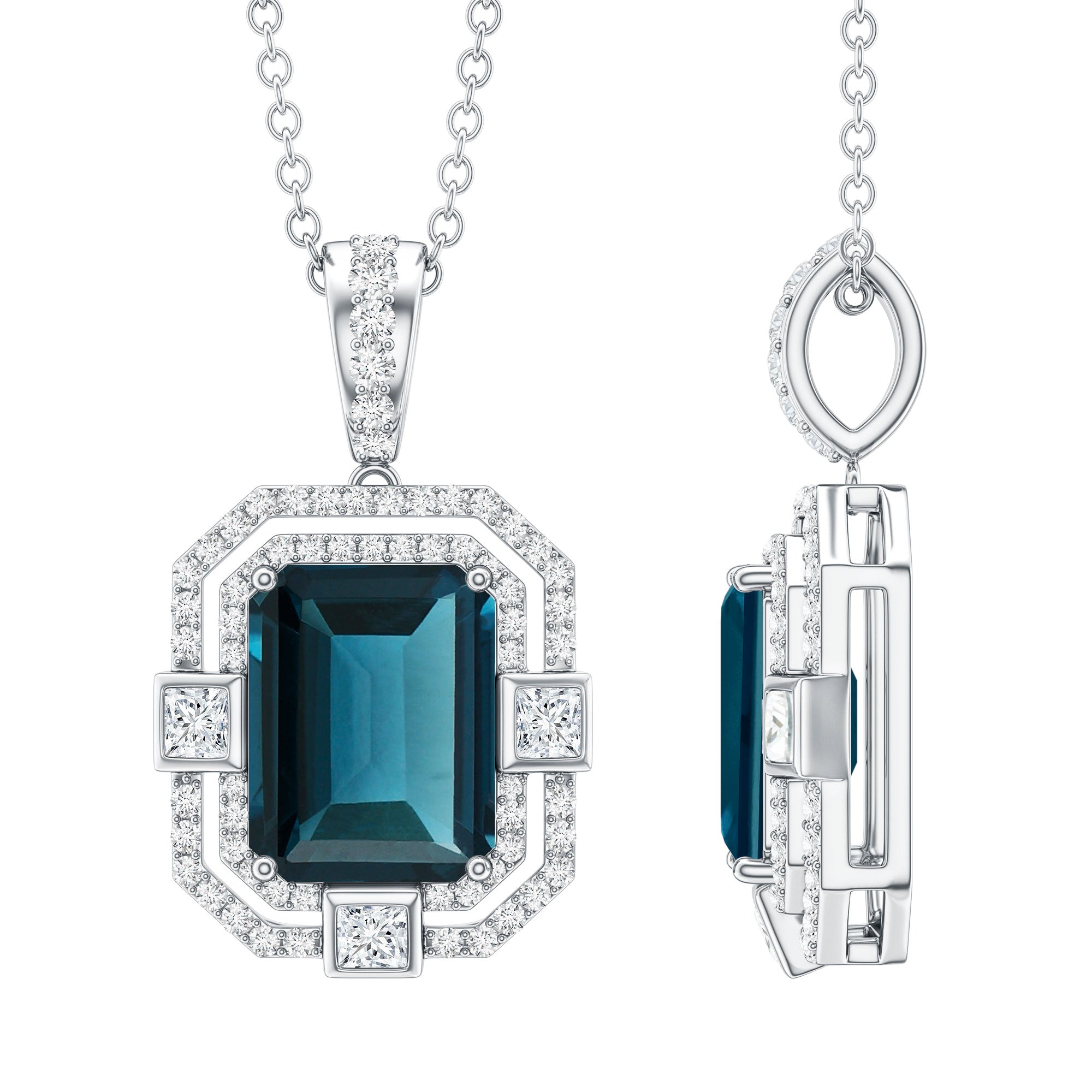 Certified 1.8 Carat Emerald Cut London Blue Topaz Vintage Necklace with Silver Chain AAA 92.5 Sterling Silver - Rosec Jewels