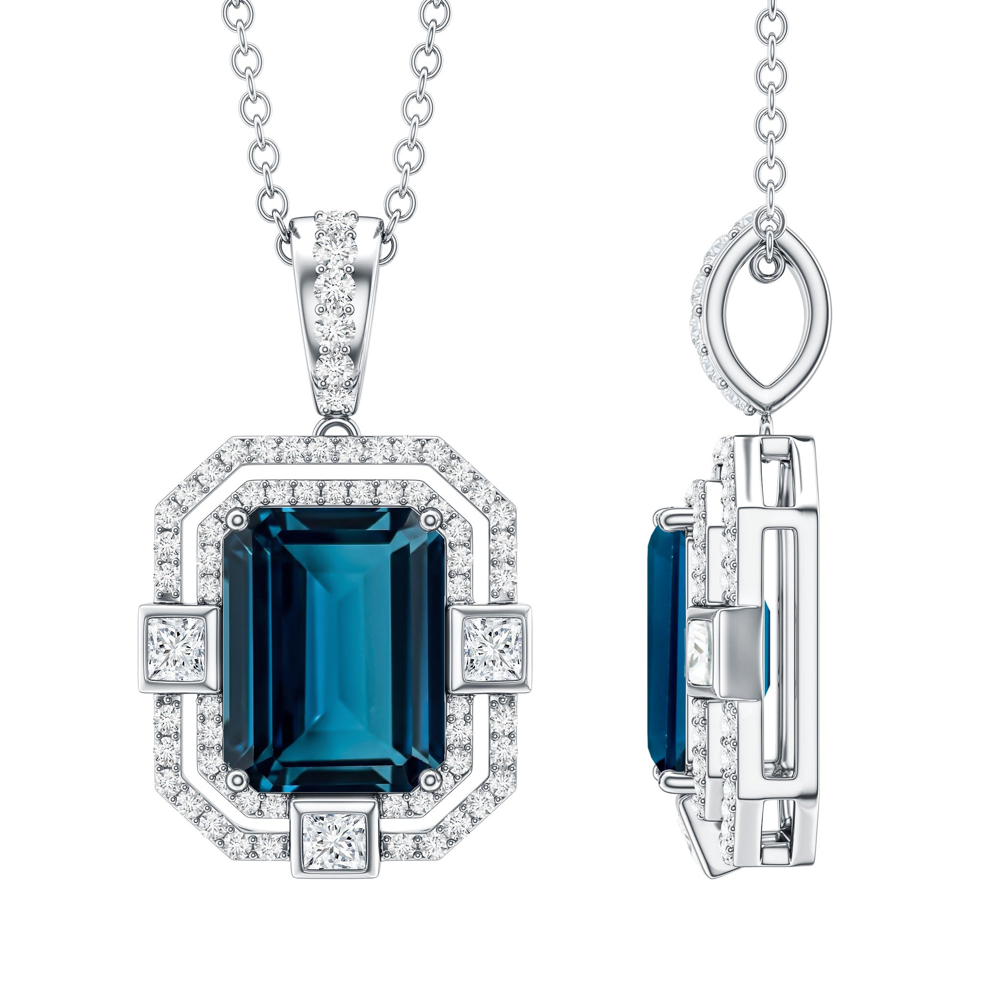 Certified 1.8 Carat Emerald Cut London Blue Topaz Vintage Necklace with Silver Chain AAA 92.5 Sterling Silver - Rosec Jewels