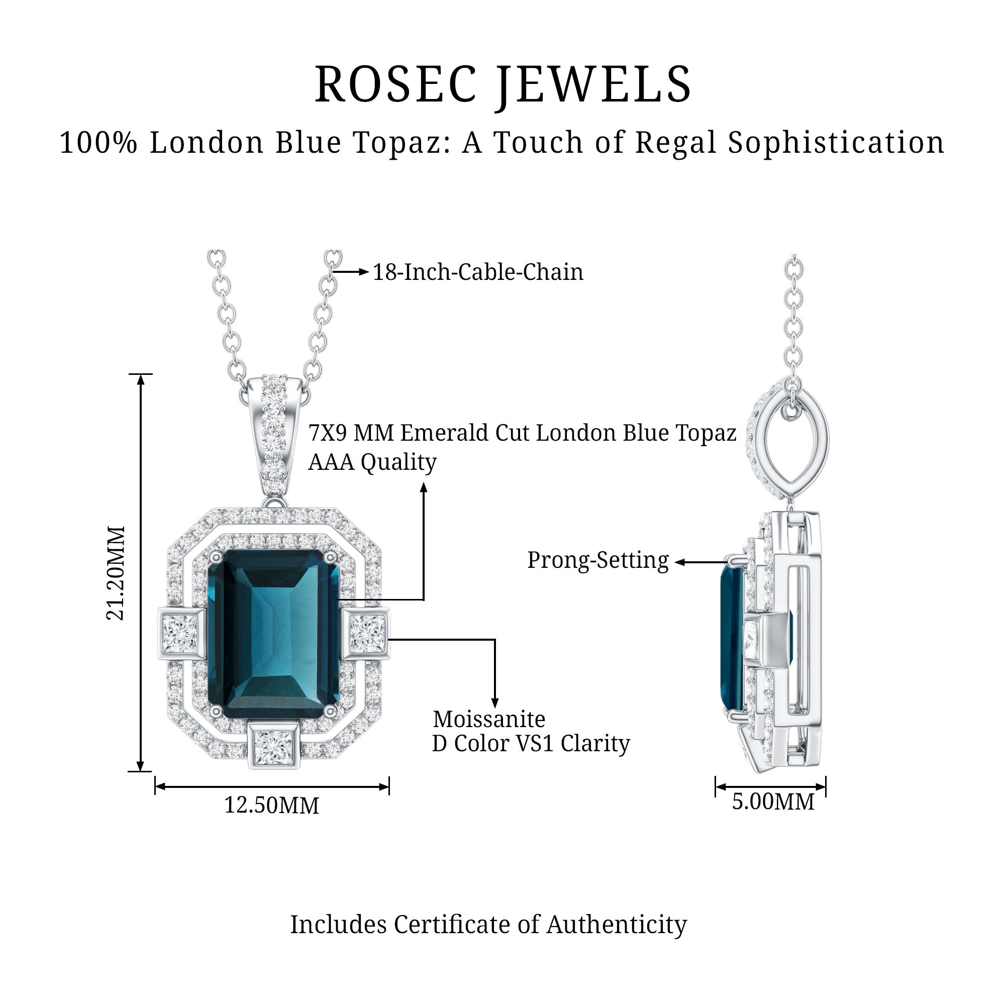 Certified 1.8 Carat Emerald Cut London Blue Topaz Vintage Necklace with Silver Chain AAA 92.5 Sterling Silver - Rosec Jewels