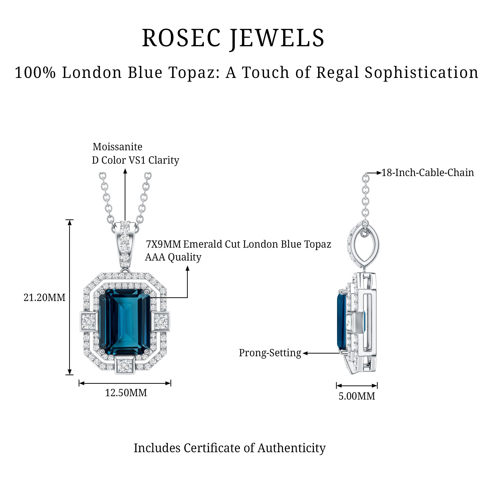 Certified 1.8 Carat Emerald Cut London Blue Topaz Vintage Necklace with Silver Chain AAA 92.5 Sterling Silver - Rosec Jewels