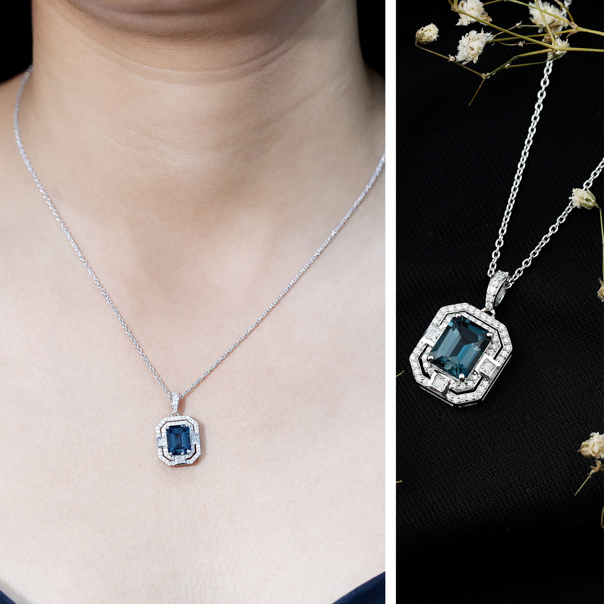 Certified 1.8 Carat Emerald Cut London Blue Topaz Vintage Necklace with Silver Chain AAA 92.5 Sterling Silver - Rosec Jewels