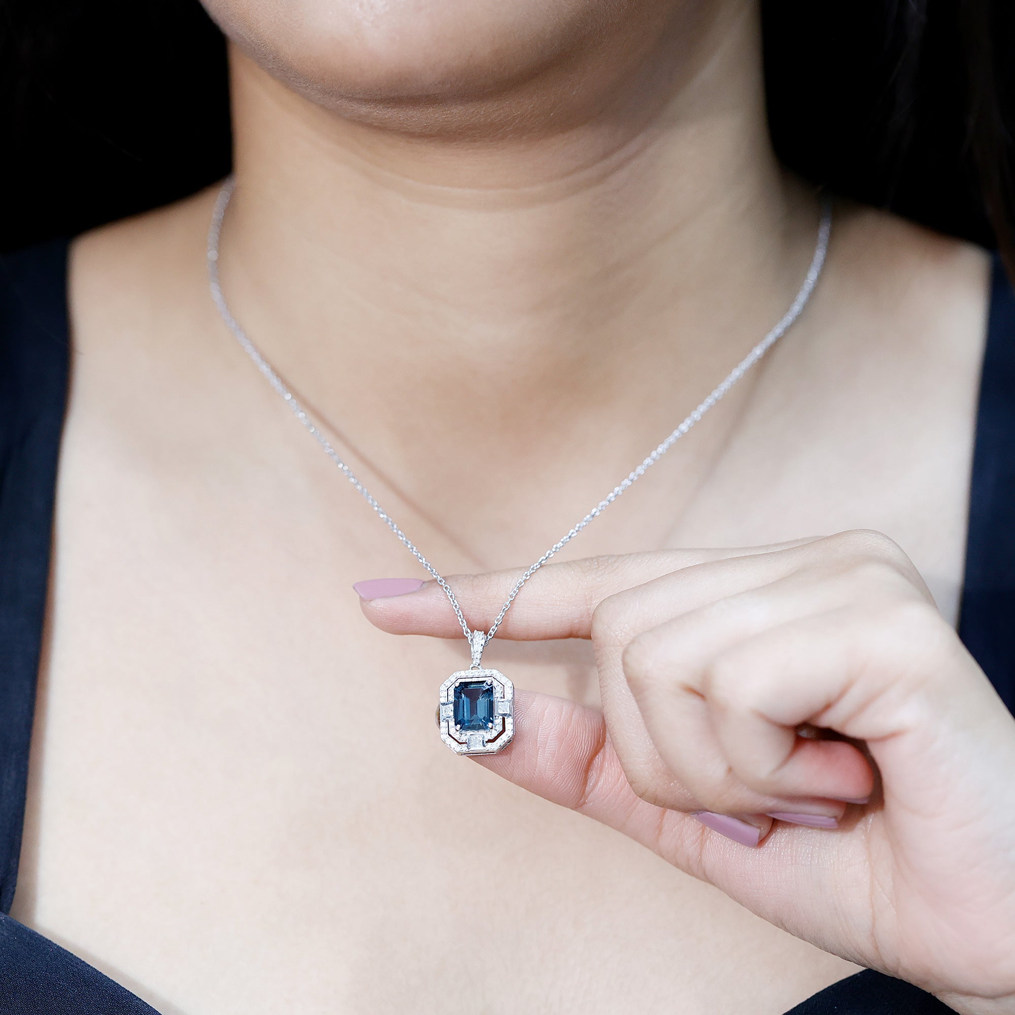 Certified 1.8 Carat Emerald Cut London Blue Topaz Vintage Necklace with Silver Chain AAA 92.5 Sterling Silver - Rosec Jewels
