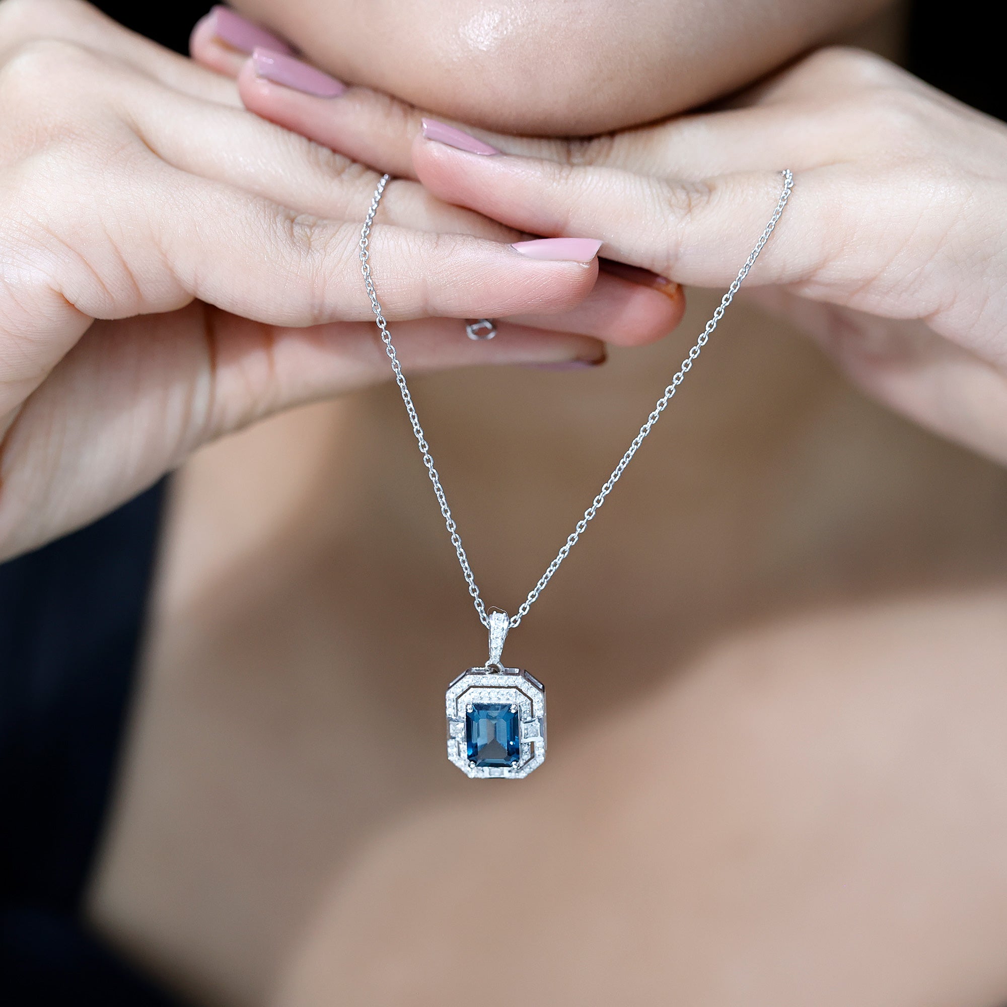 Certified 1.8 Carat Emerald Cut London Blue Topaz Vintage Necklace with Silver Chain AAA 92.5 Sterling Silver - Rosec Jewels