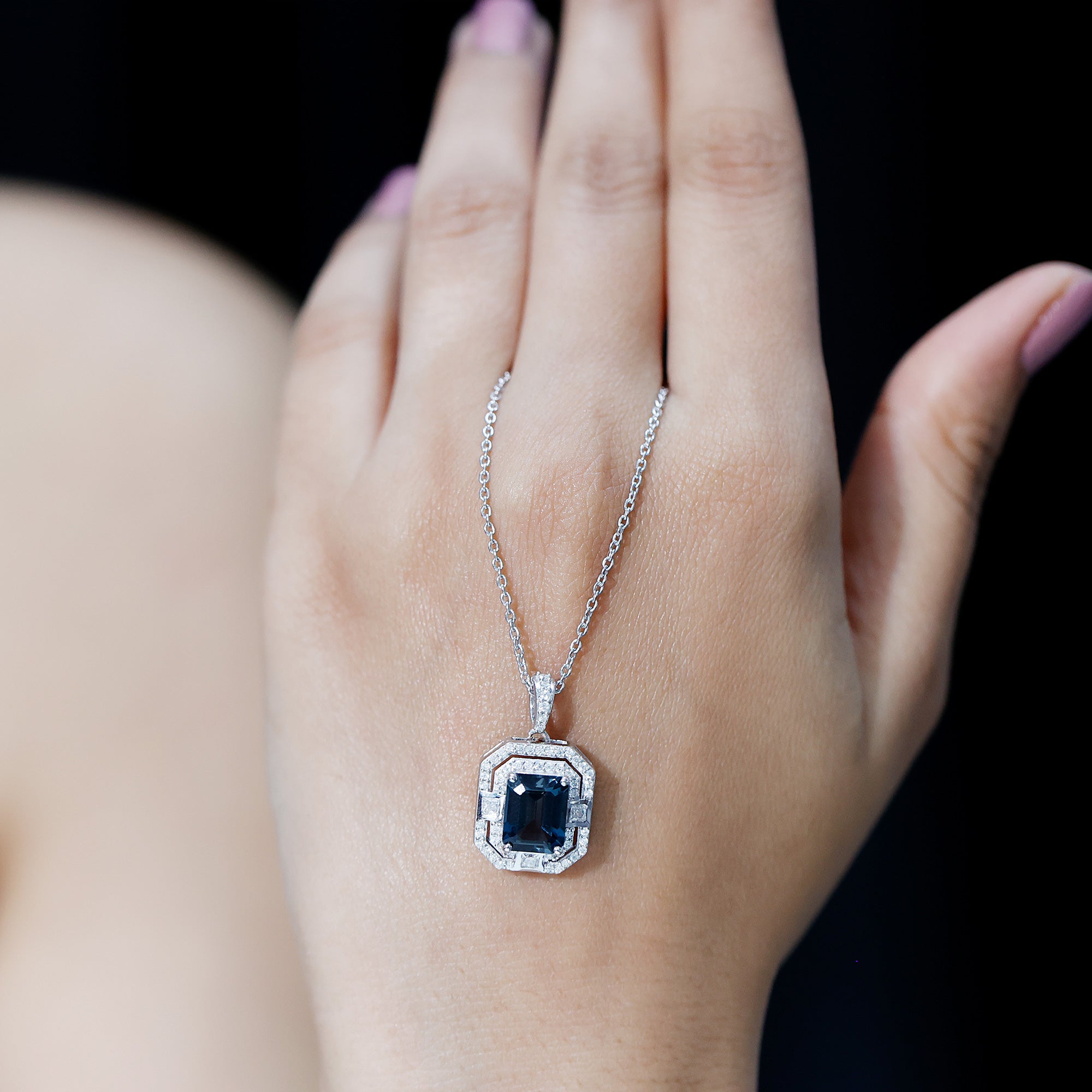 Certified 1.8 Carat Emerald Cut London Blue Topaz Vintage Necklace with Silver Chain AAA 92.5 Sterling Silver - Rosec Jewels