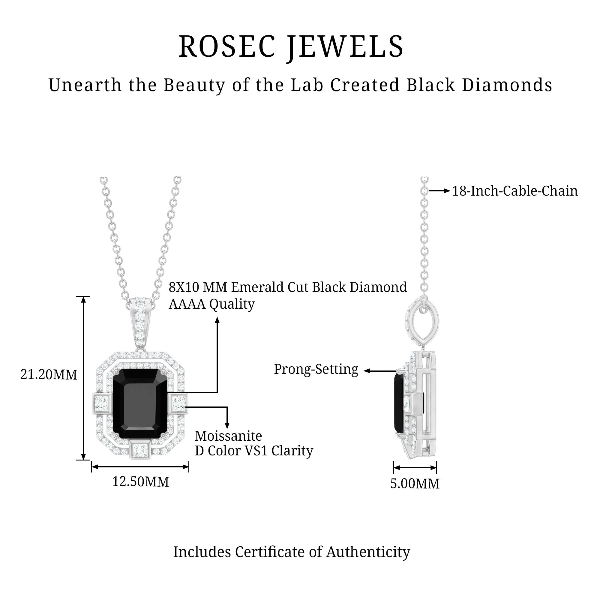 Vintage Inspired Octagon Created Black Diamond Pendant with Moissanite AAAA ( Synthetic ) - Rosec Jewels