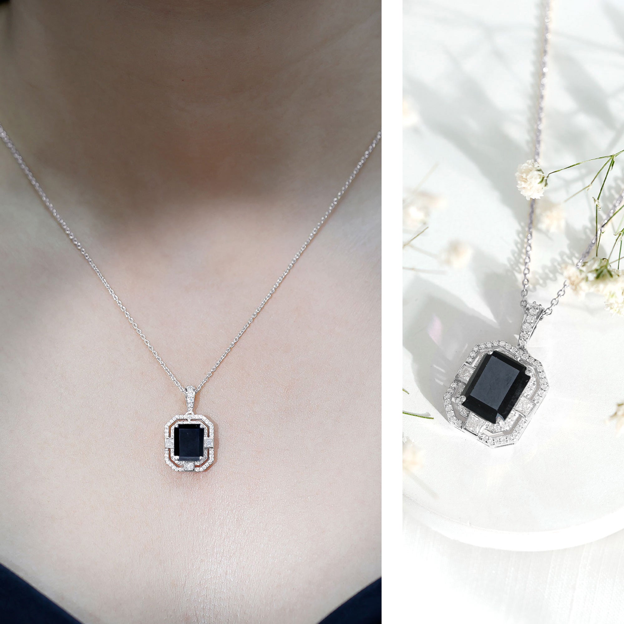 Vintage Inspired Octagon Created Black Diamond Pendant with Moissanite AAAA ( Synthetic ) - Rosec Jewels