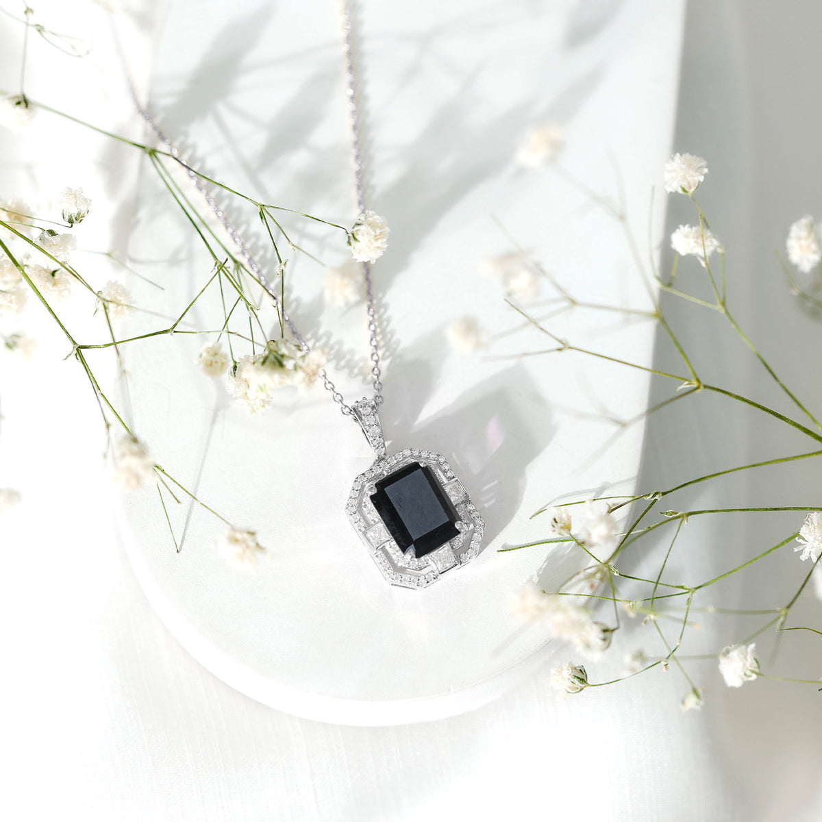 Vintage Inspired 3.4 Carat Emerald Cut Synthetic Black Diamond Pendant Necklace AAAA ( Synthetic ) - Rosec Jewels