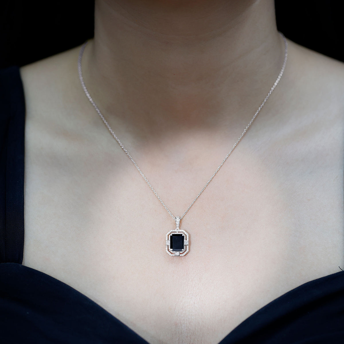 Vintage Inspired 3.4 Carat Emerald Cut Synthetic Black Diamond Pendant Necklace AAAA ( Synthetic ) - Rosec Jewels