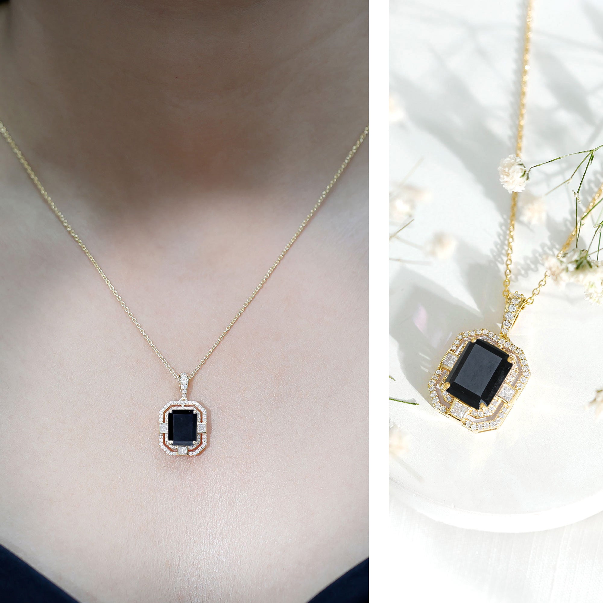 Vintage Inspired Octagon Created Black Diamond Pendant with Moissanite AAAA ( Synthetic ) - Rosec Jewels