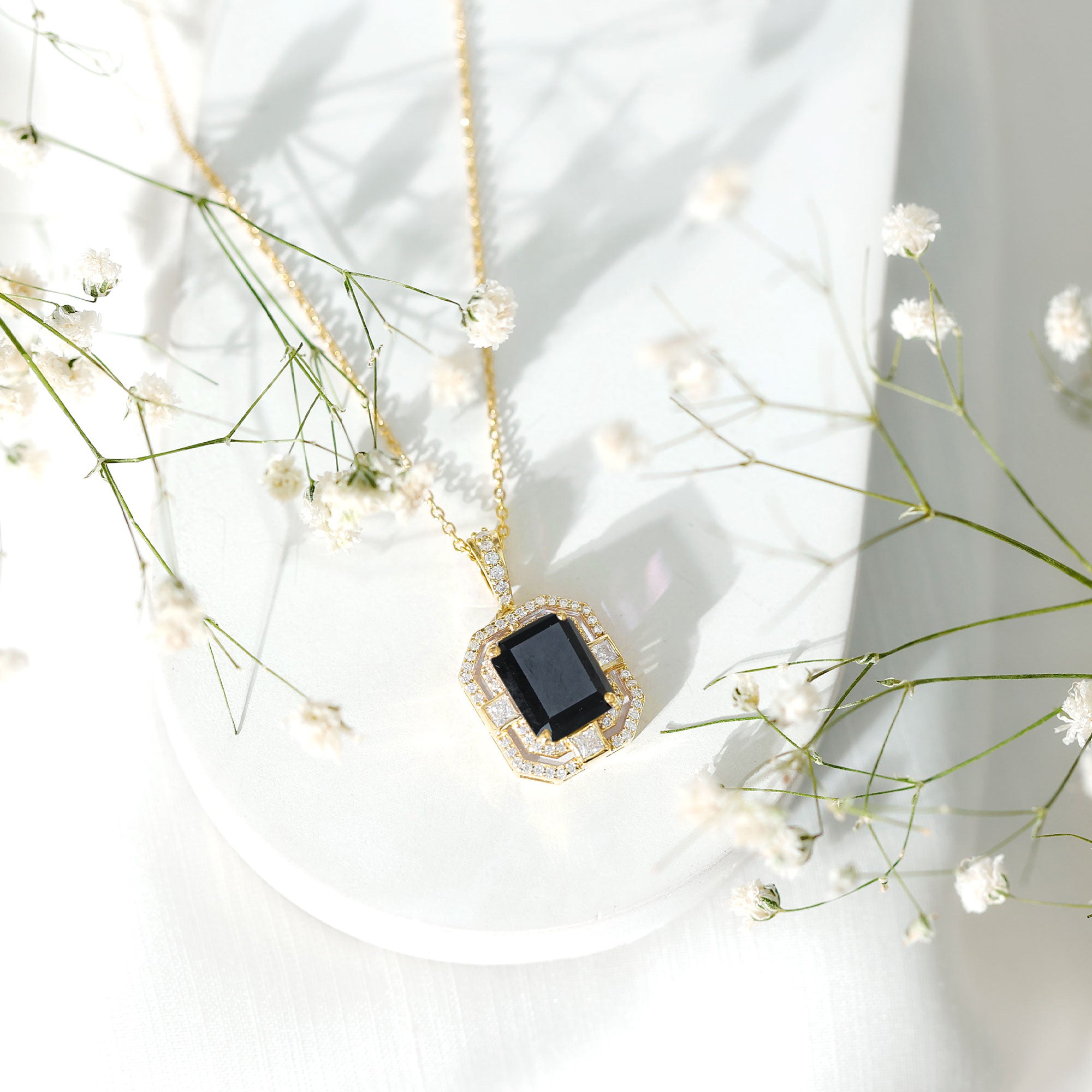 Vintage Inspired Octagon Created Black Diamond Pendant with Moissanite AAAA ( Synthetic ) - Rosec Jewels