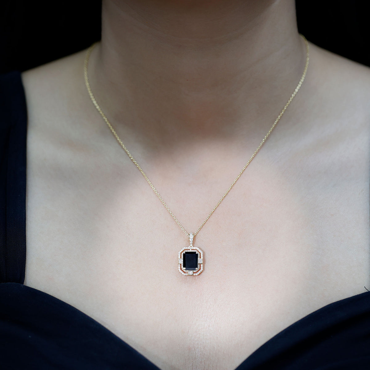 Vintage Inspired 3.4 Carat Emerald Cut Synthetic Black Diamond Pendant Necklace AAAA ( Synthetic ) - Rosec Jewels