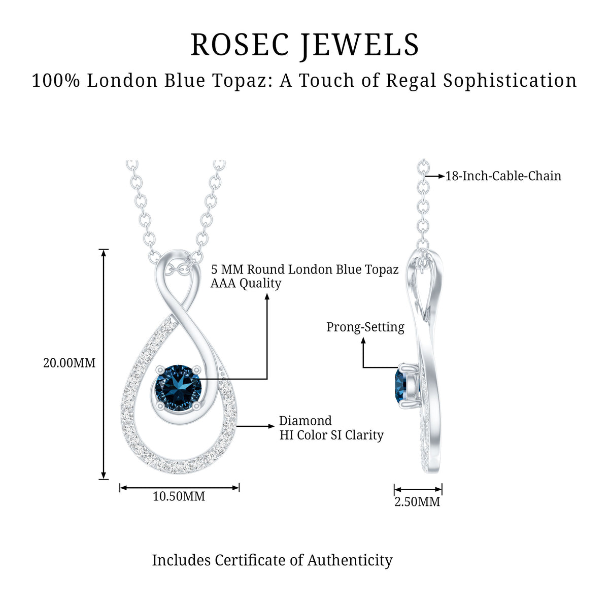 Real London Blue Topaz Infinity Necklace with Diamond AAA - Rosec Jewels