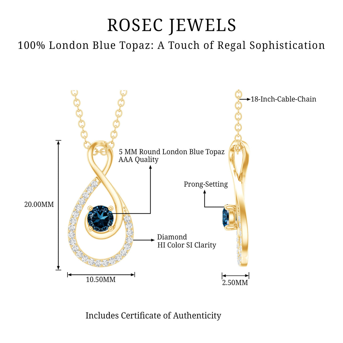 Real London Blue Topaz Infinity Necklace with Diamond AAA - Rosec Jewels