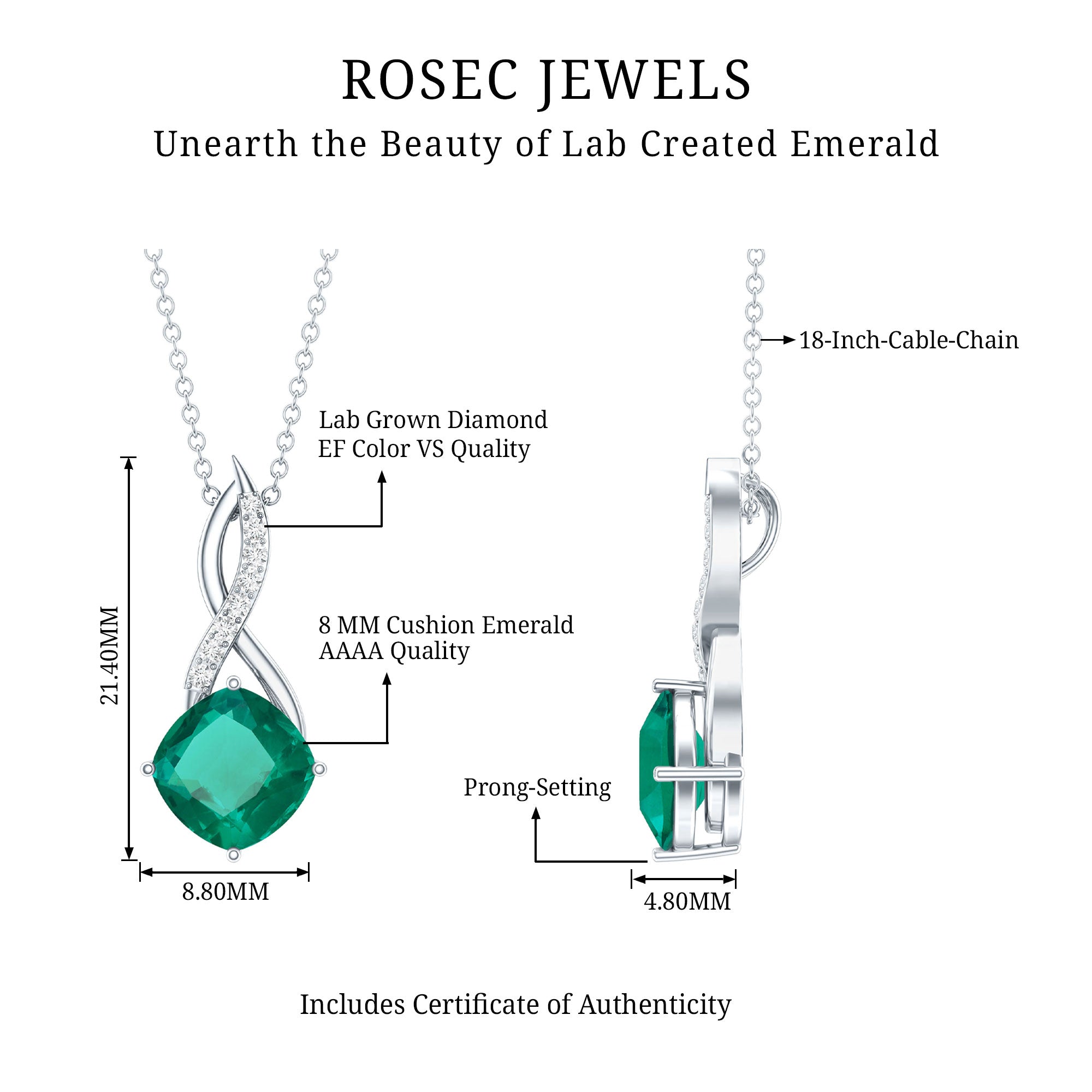 Certified 2 Carat Lab Grown Emerald Infinity Pendant Necklace with Diamond AAAA 92.5 Sterling Silver - Rosec Jewels