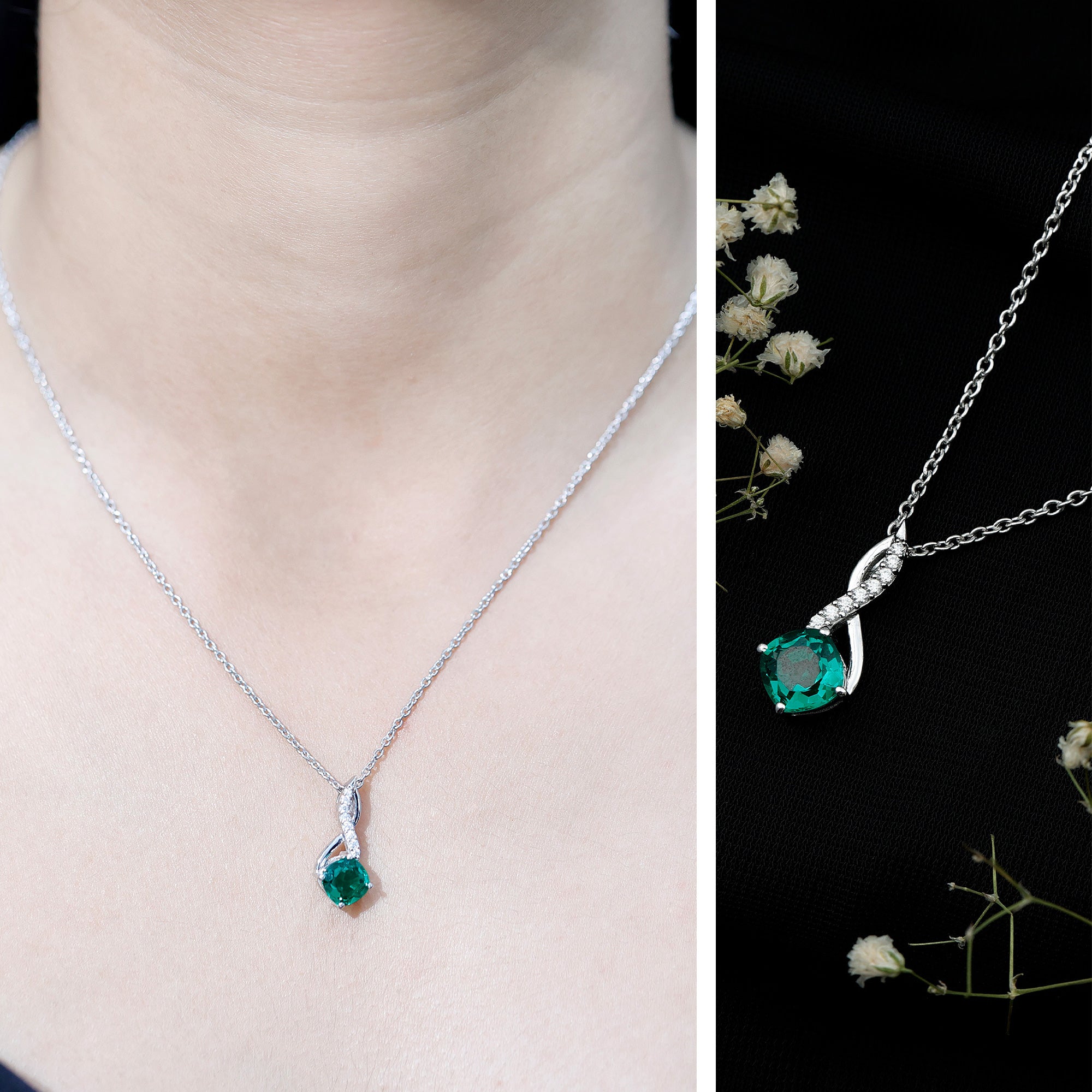Certified 2 Carat Lab Grown Emerald Infinity Pendant Necklace with Diamond AAAA 92.5 Sterling Silver - Rosec Jewels