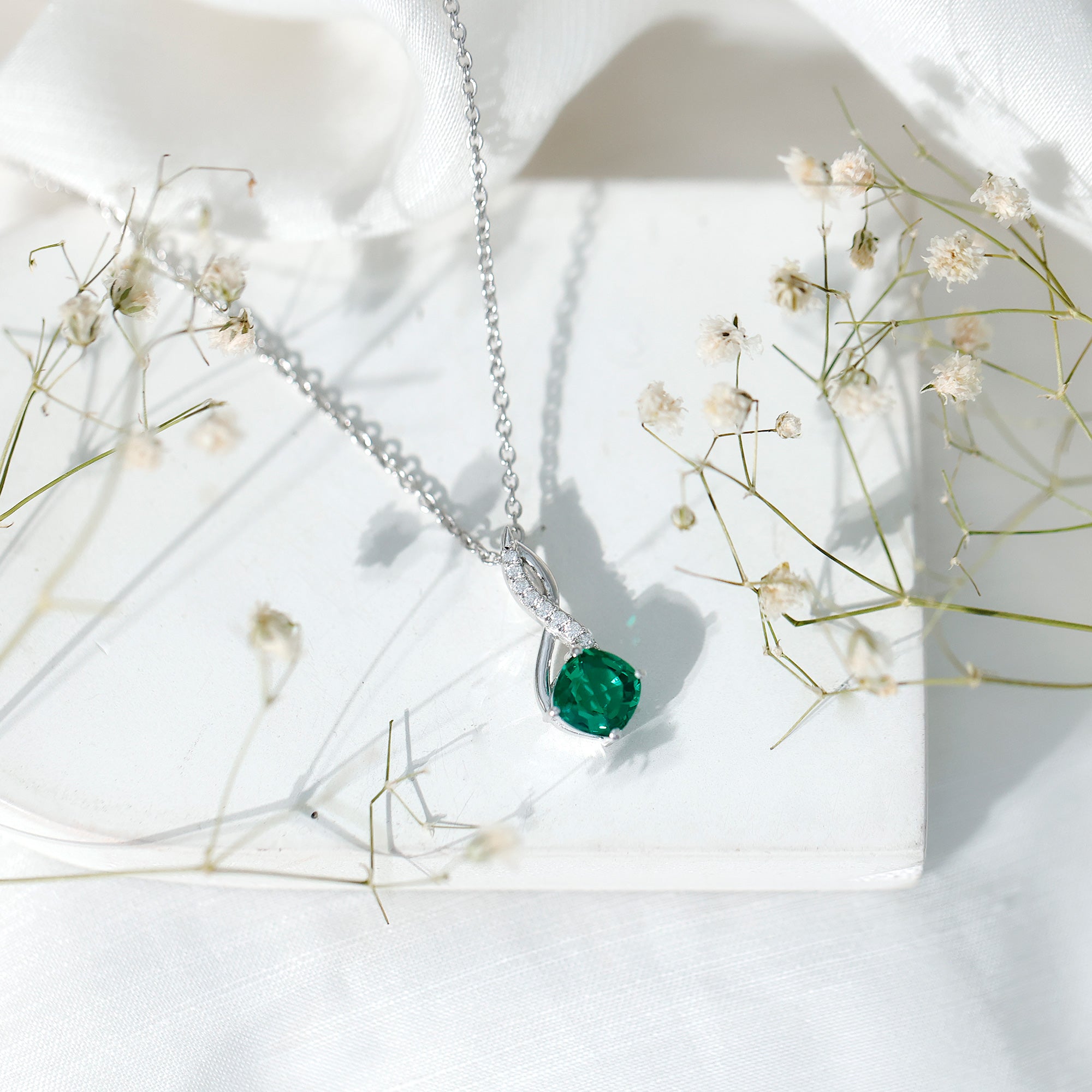 Certified 2 Carat Lab Grown Emerald Infinity Pendant Necklace with Diamond AAAA 92.5 Sterling Silver - Rosec Jewels