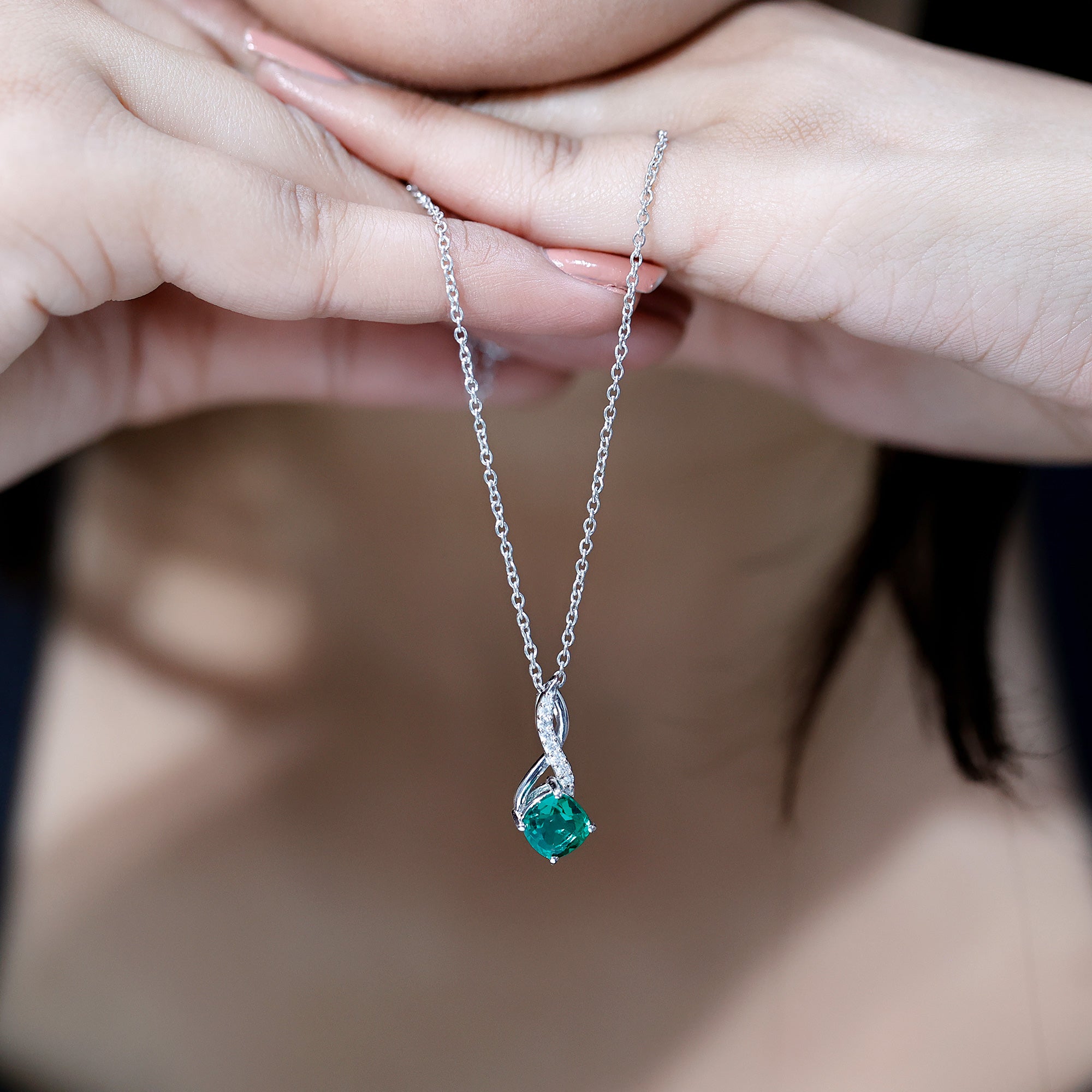 Certified 2 Carat Lab Grown Emerald Infinity Pendant Necklace with Diamond AAAA 92.5 Sterling Silver - Rosec Jewels