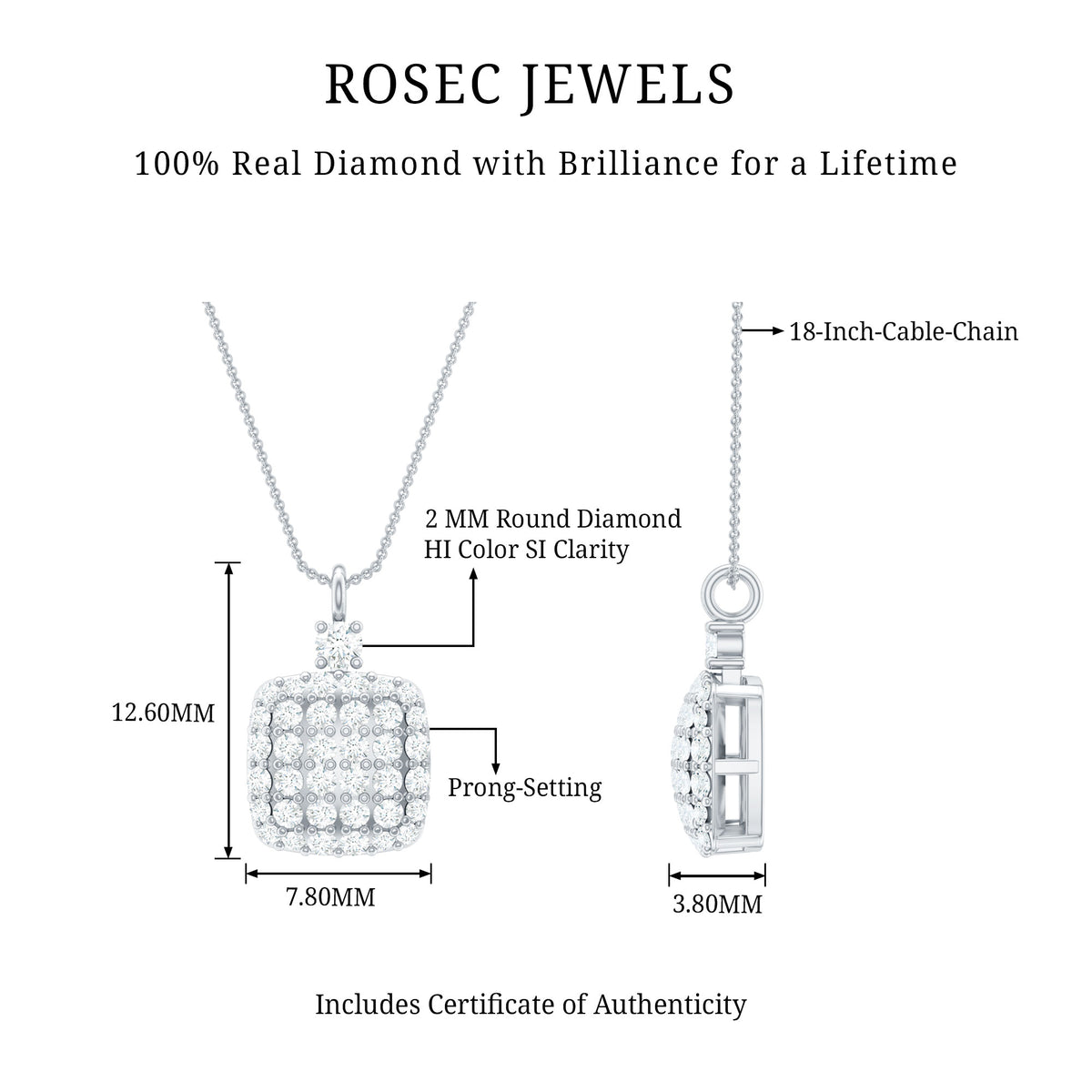 Certified Brilliant Cut Diamond Pendant Necklace Natural - ( HI-SI ) - Rosec Jewels