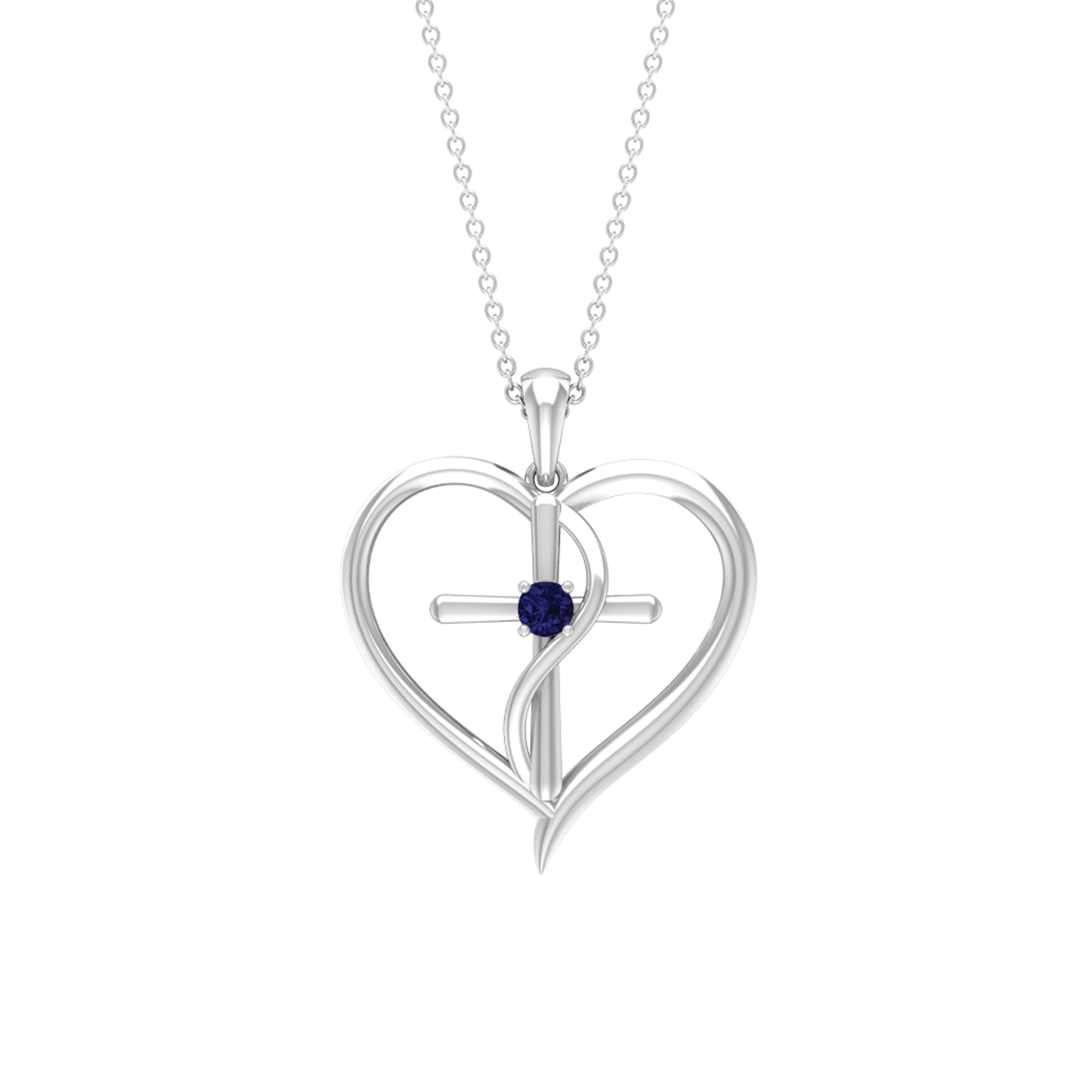 Natural Blue Sapphire Heart Cross Necklace for Women - Rosec Jewels
