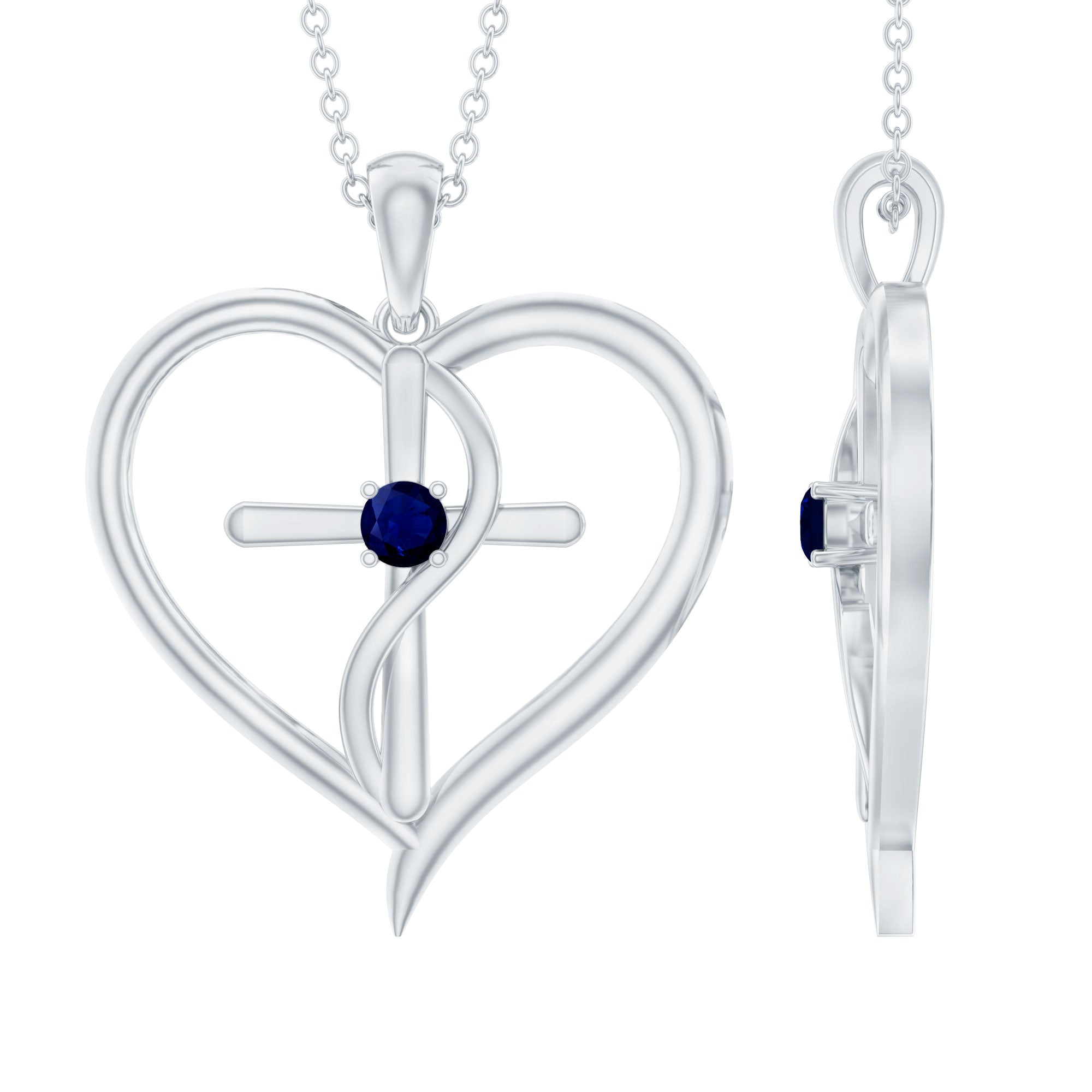 Natural Blue Sapphire Cross Heart Necklace for Women
