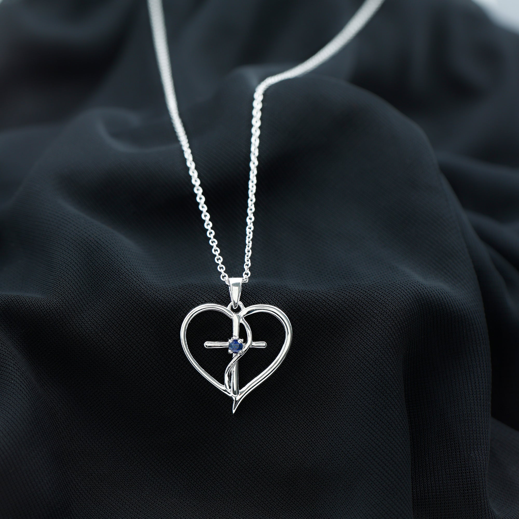 Natural Blue Sapphire Heart Cross Necklace in 14k Gold Plated Silver AAA 92.5 Sterling Silver - Rosec Jewels