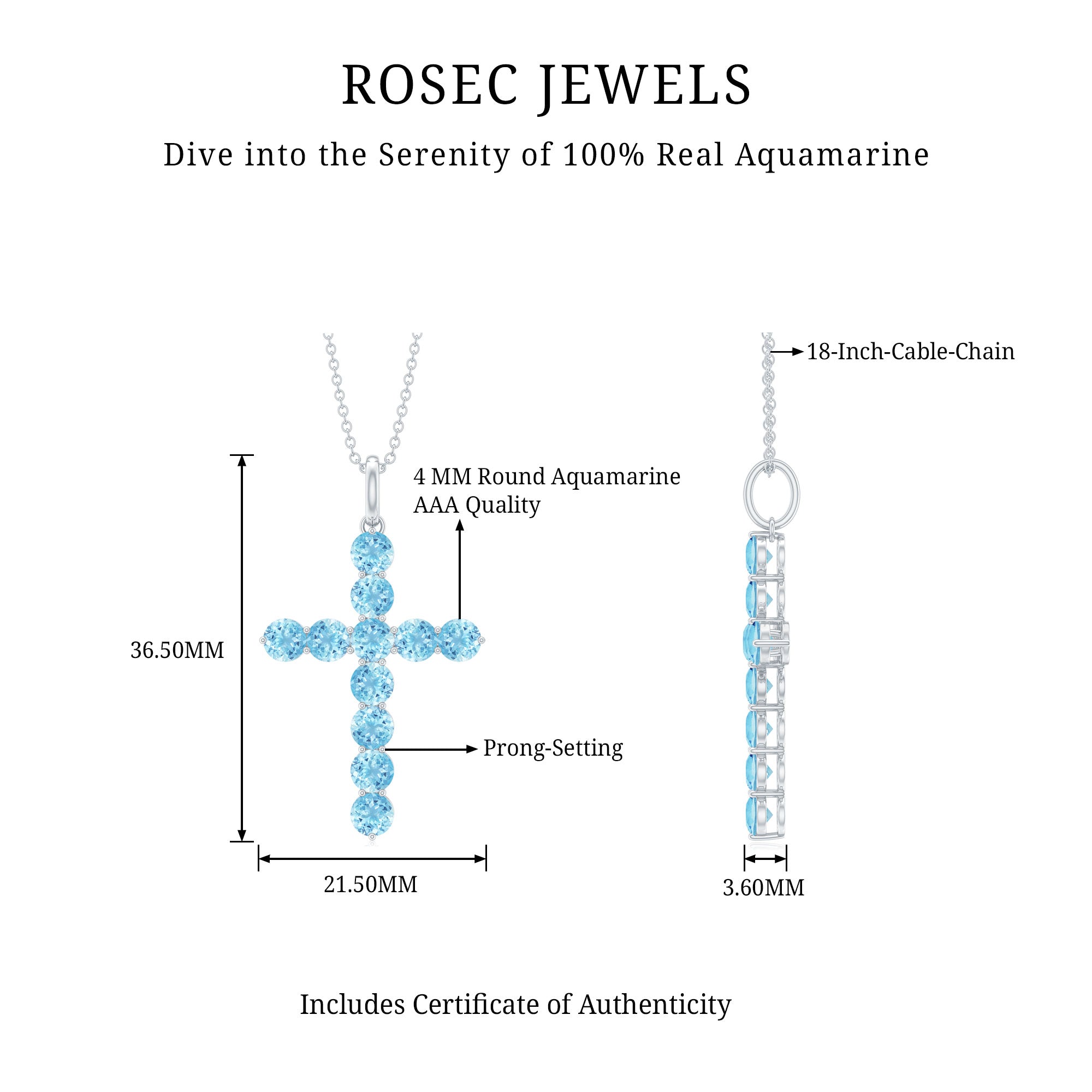 Womens Aquamarine Cross Pendant Necklace with Chain AAA - Rosec Jewels