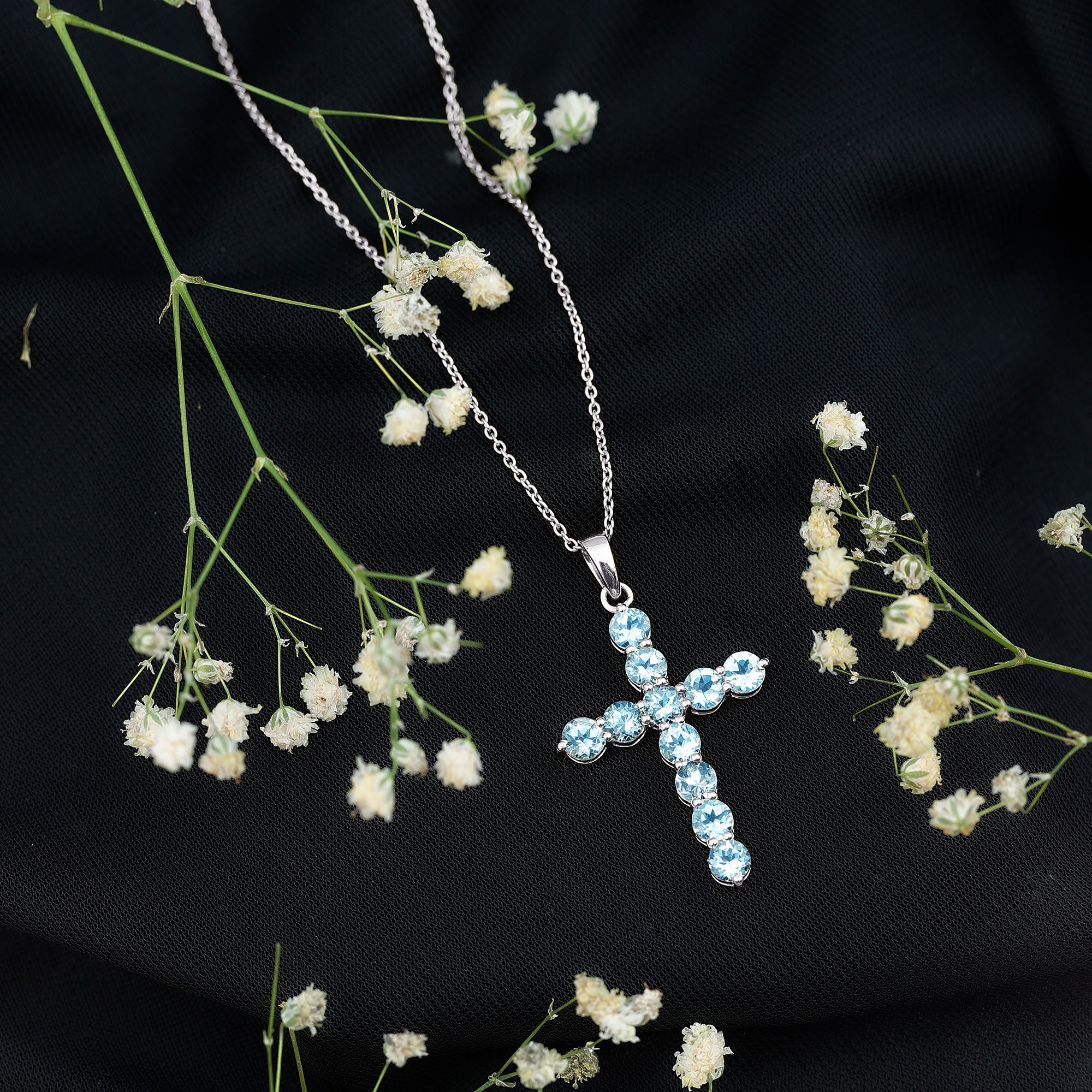 Womens Aquamarine Cross Pendant Necklace with Chain AAA - Rosec Jewels