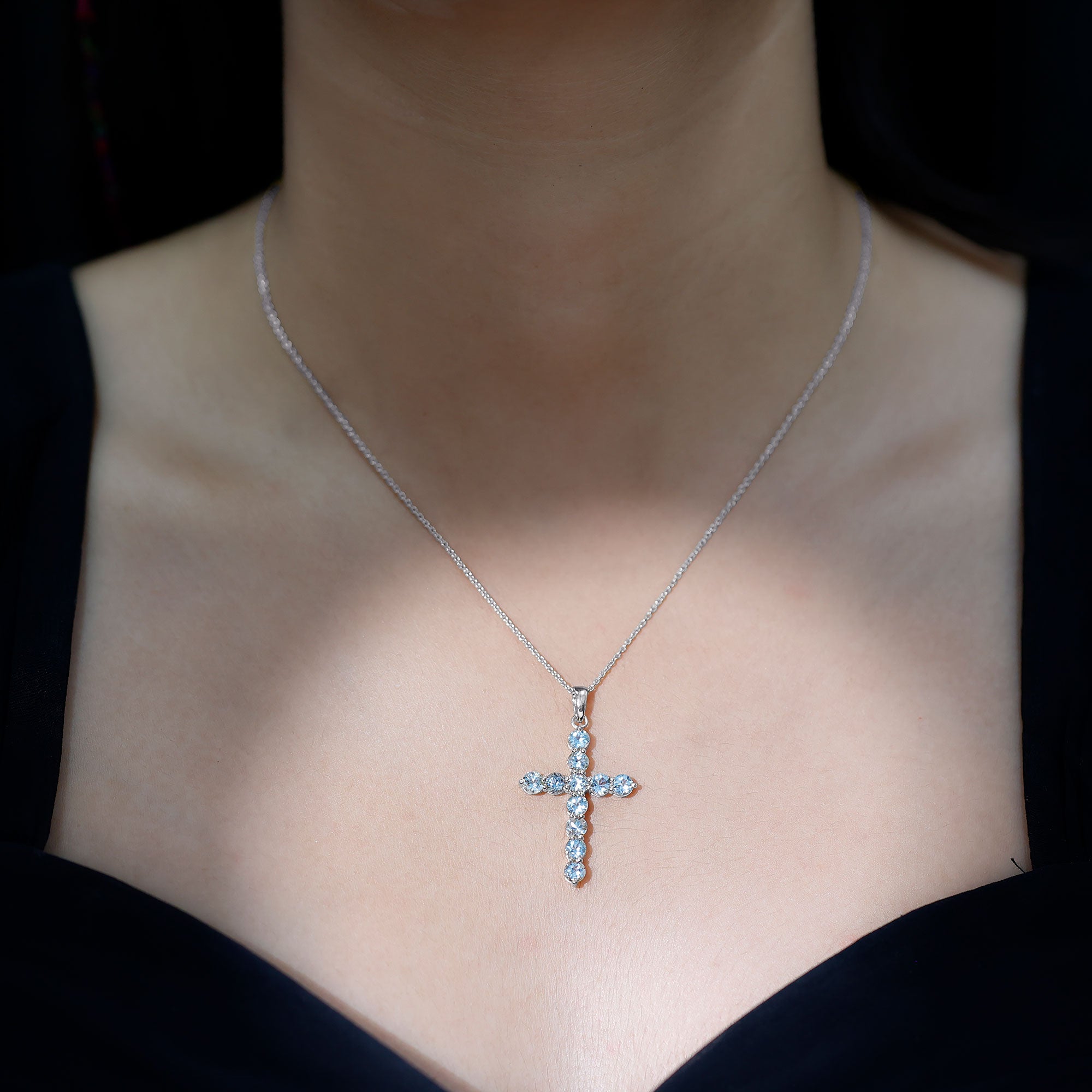 Womens Aquamarine Cross Pendant Necklace with Chain AAA - Rosec Jewels
