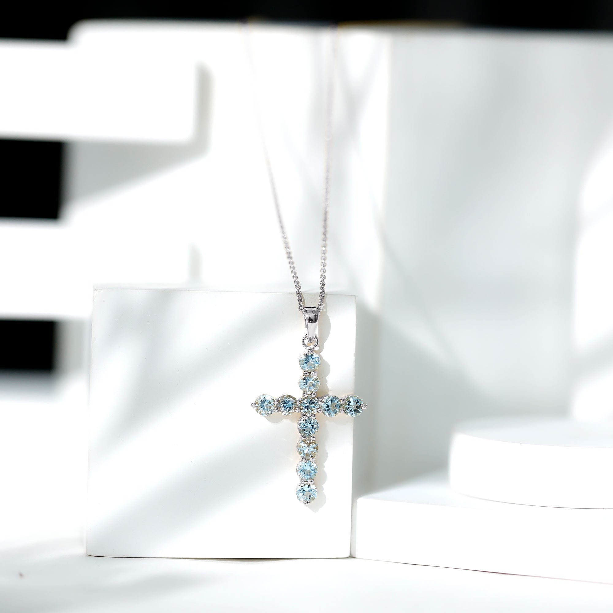Womens Aquamarine Cross Pendant Necklace with Chain AAA - Rosec Jewels