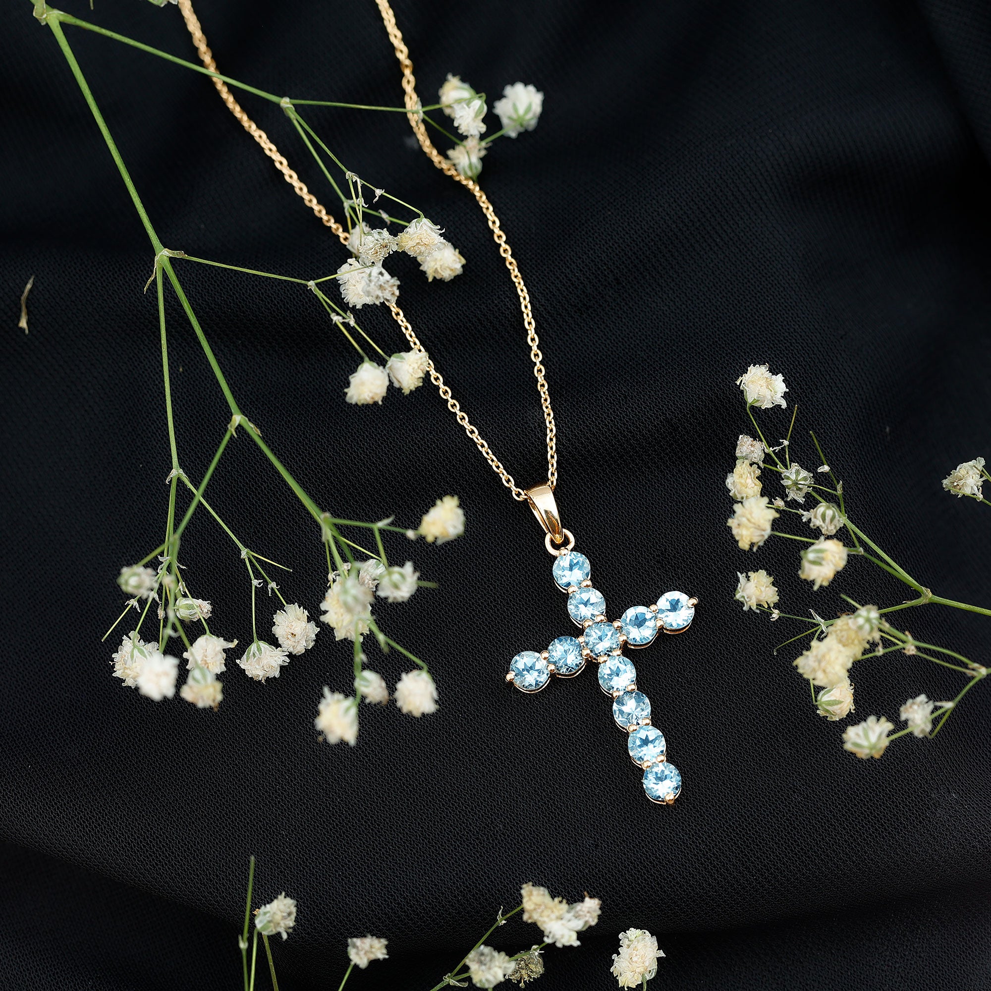 Womens Aquamarine Cross Pendant Necklace with Chain AAA - Rosec Jewels
