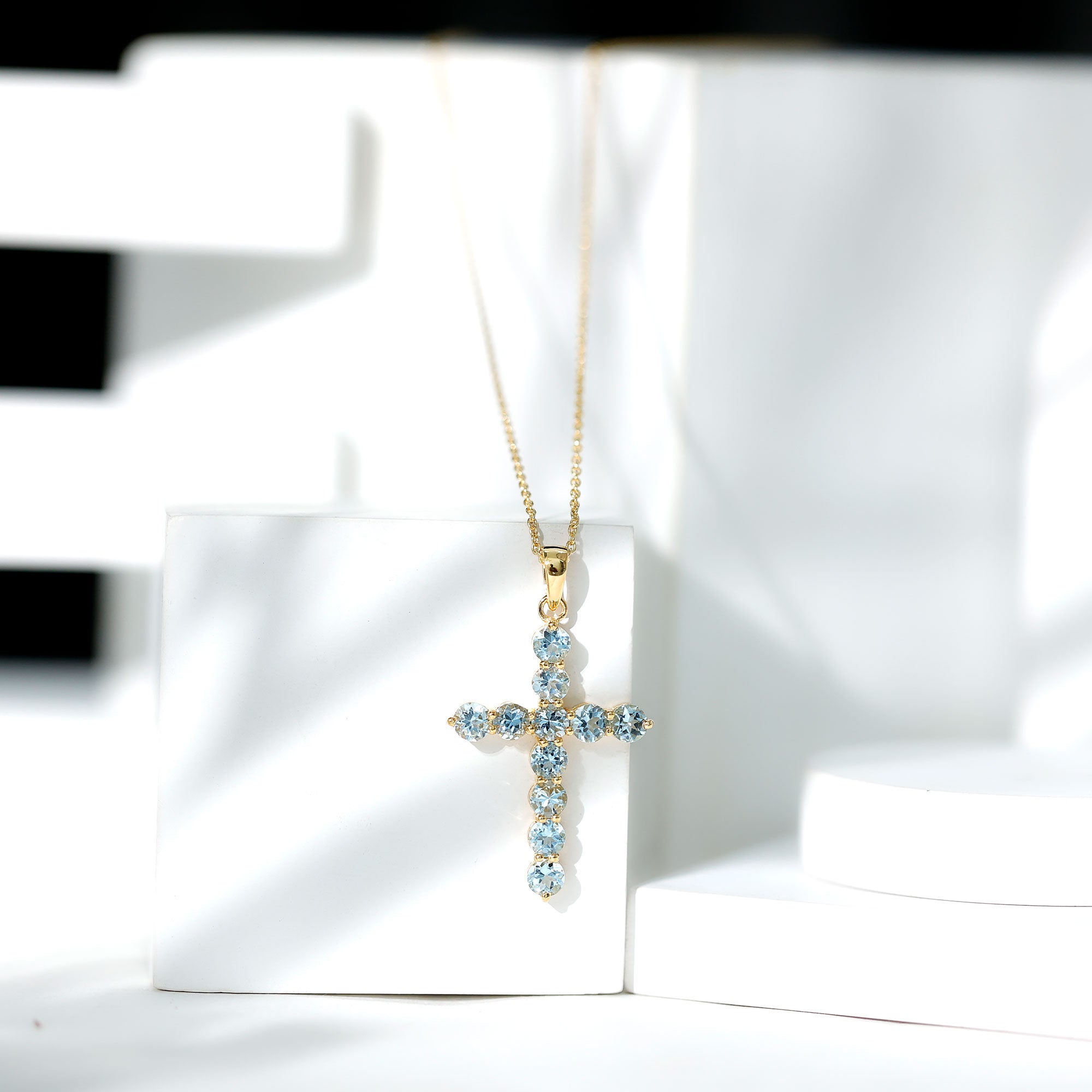 Womens Aquamarine Cross Pendant Necklace with Chain AAA - Rosec Jewels