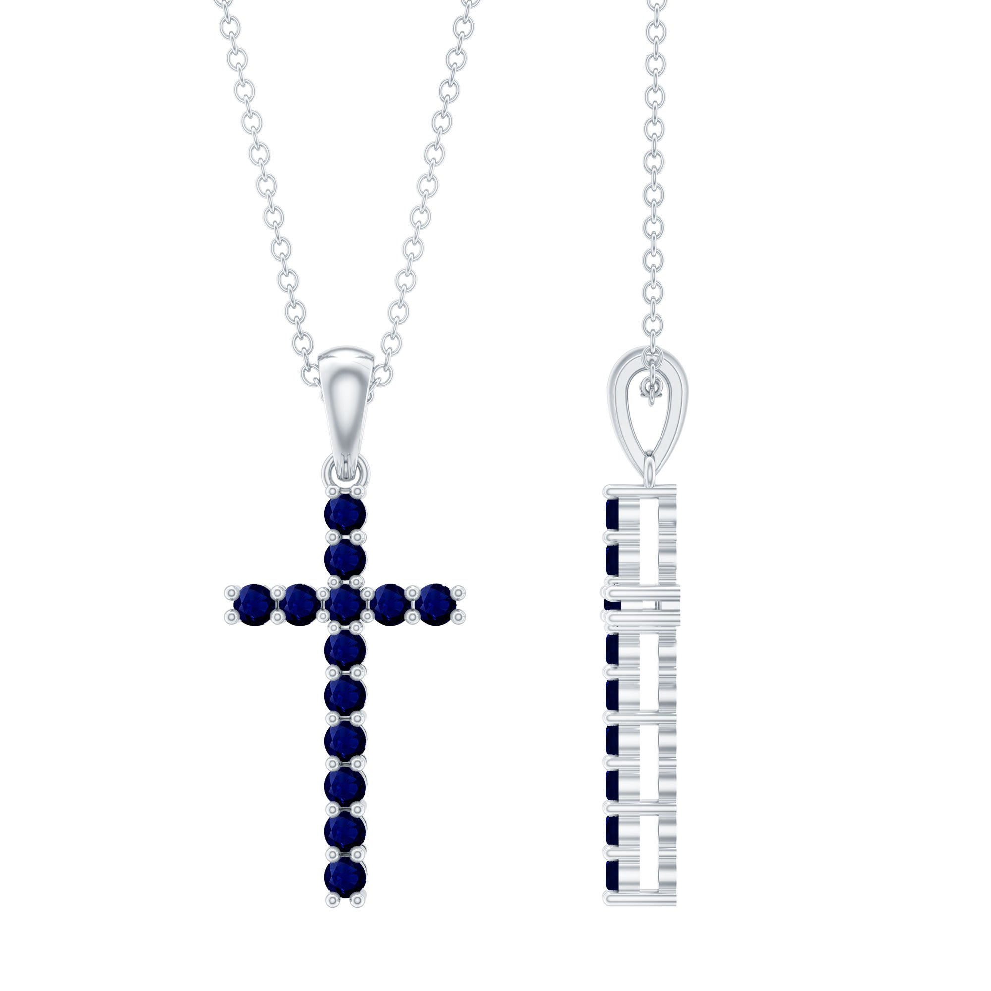 Genuine Blue Sapphire Cross Pendant Necklace with Chain